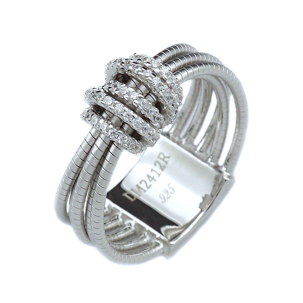 Anillo linea Premium, 5 tiras de hilos retorcidos, con aplique central de piedras blancas.