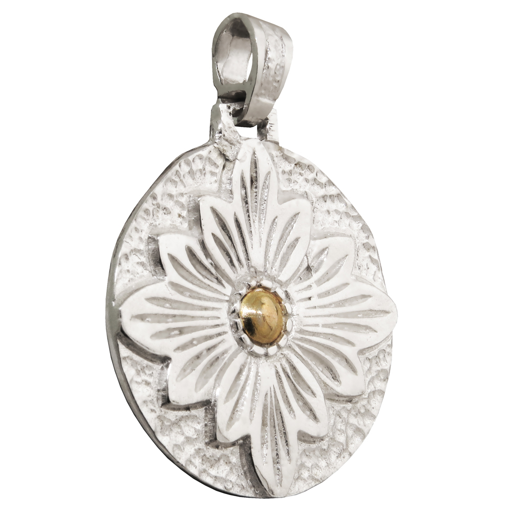 Colgante Medalla redonda flor con centro en double. 3,3 cm