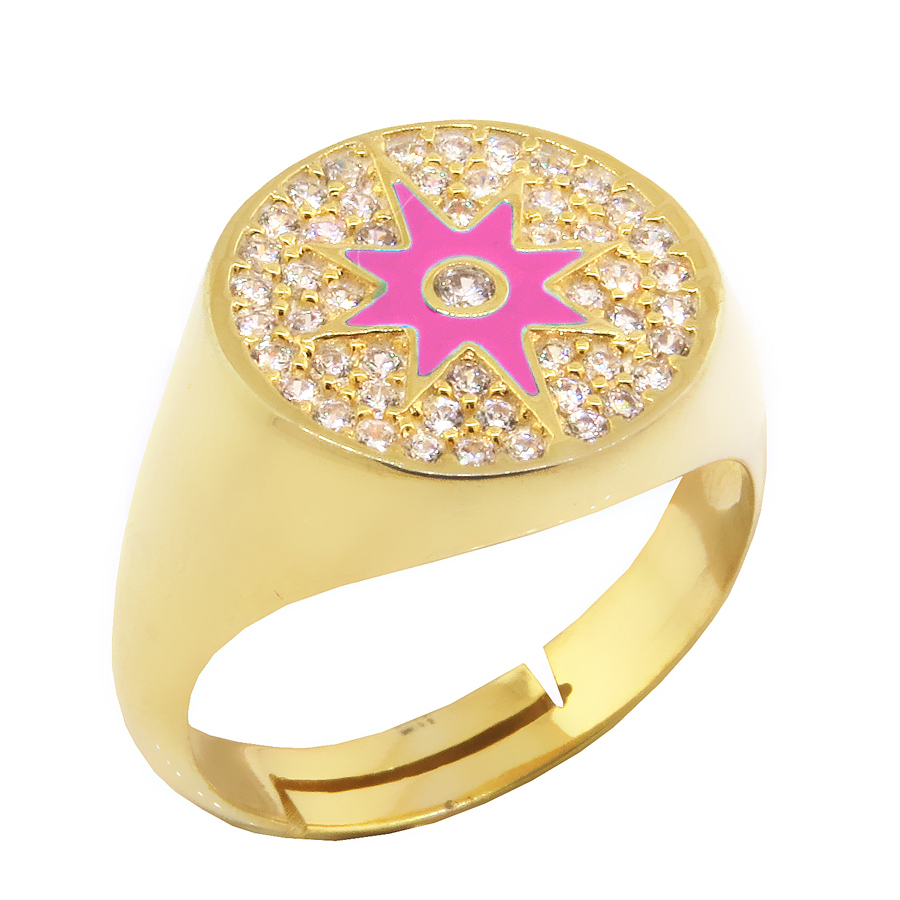 Anillo amarillo, redondo pavee, estrella, esmalte rosado