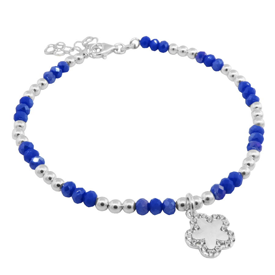 Pulsera piedritas azules y bolitas, con flor de piedras blancas