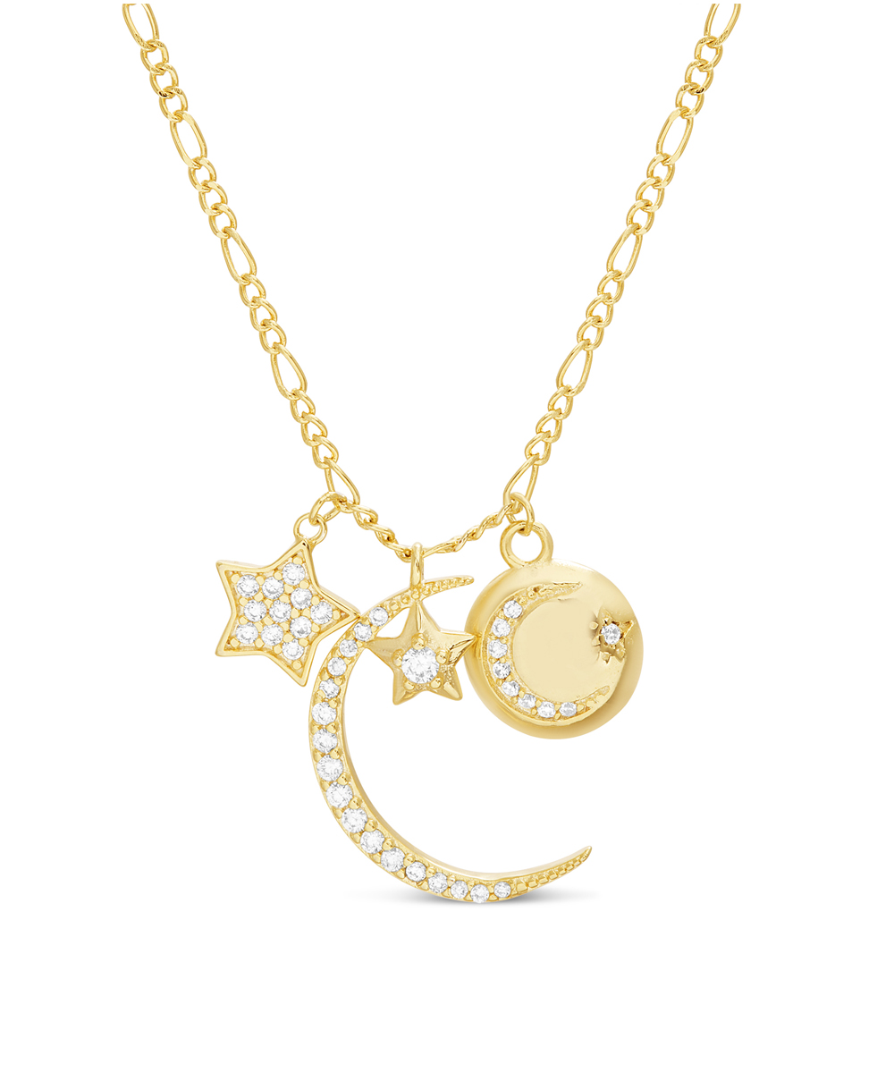 Conjunto Luna, estrellas, medalla con lunita, piedras blancas. amarillo