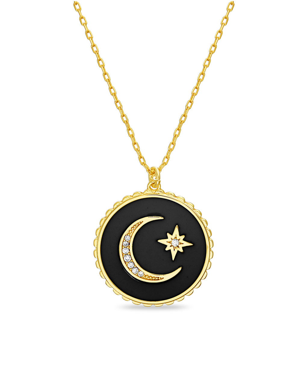 Conjunto medallita esmalte negro, luna y estrella, amarilla