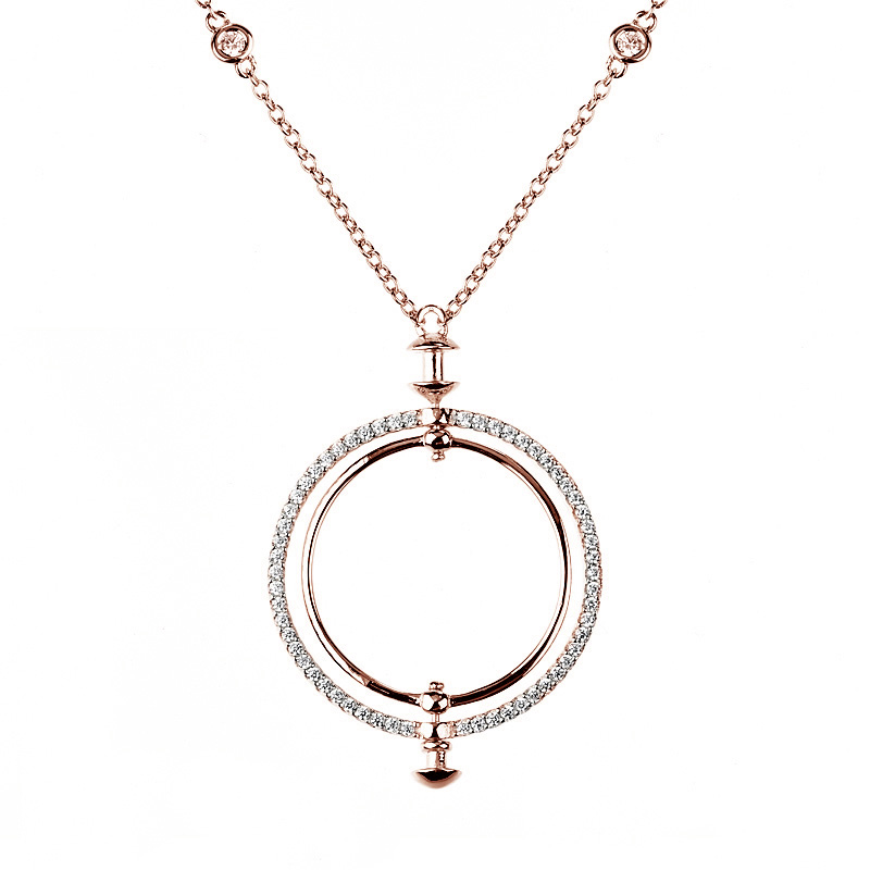Conjunto Linea Premium, doble circulo, piedras blancas, con movimiento, piedras en la cadena, color rosado