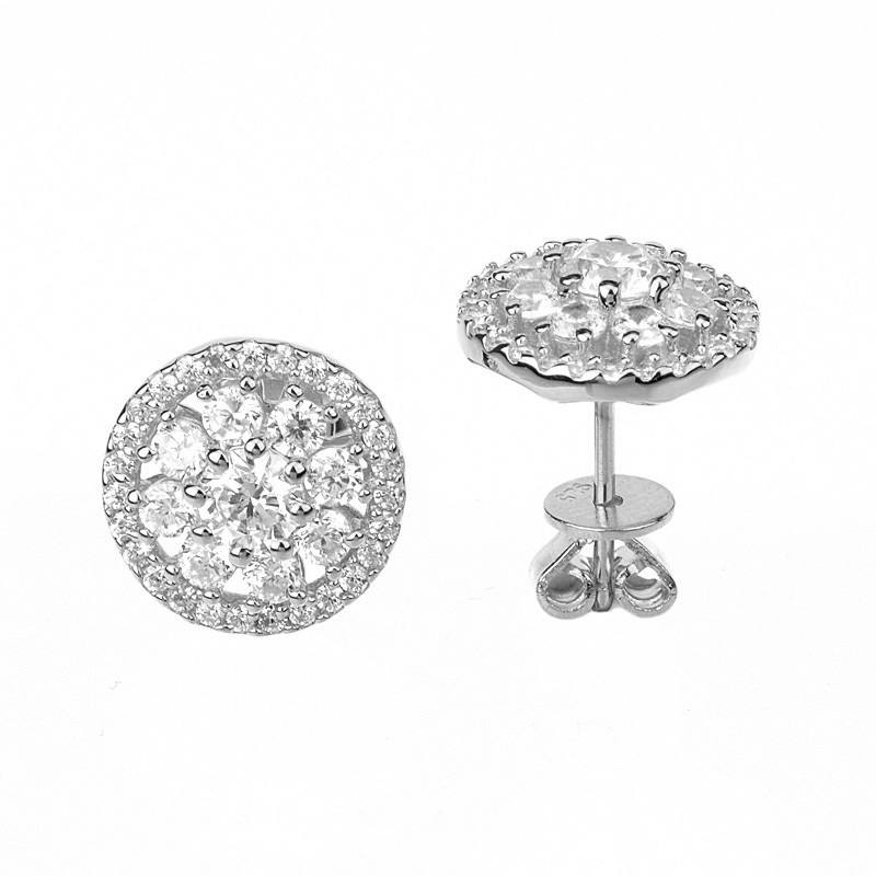 Par aros linea premium, circulo flor de piedras , pegados, blancos 