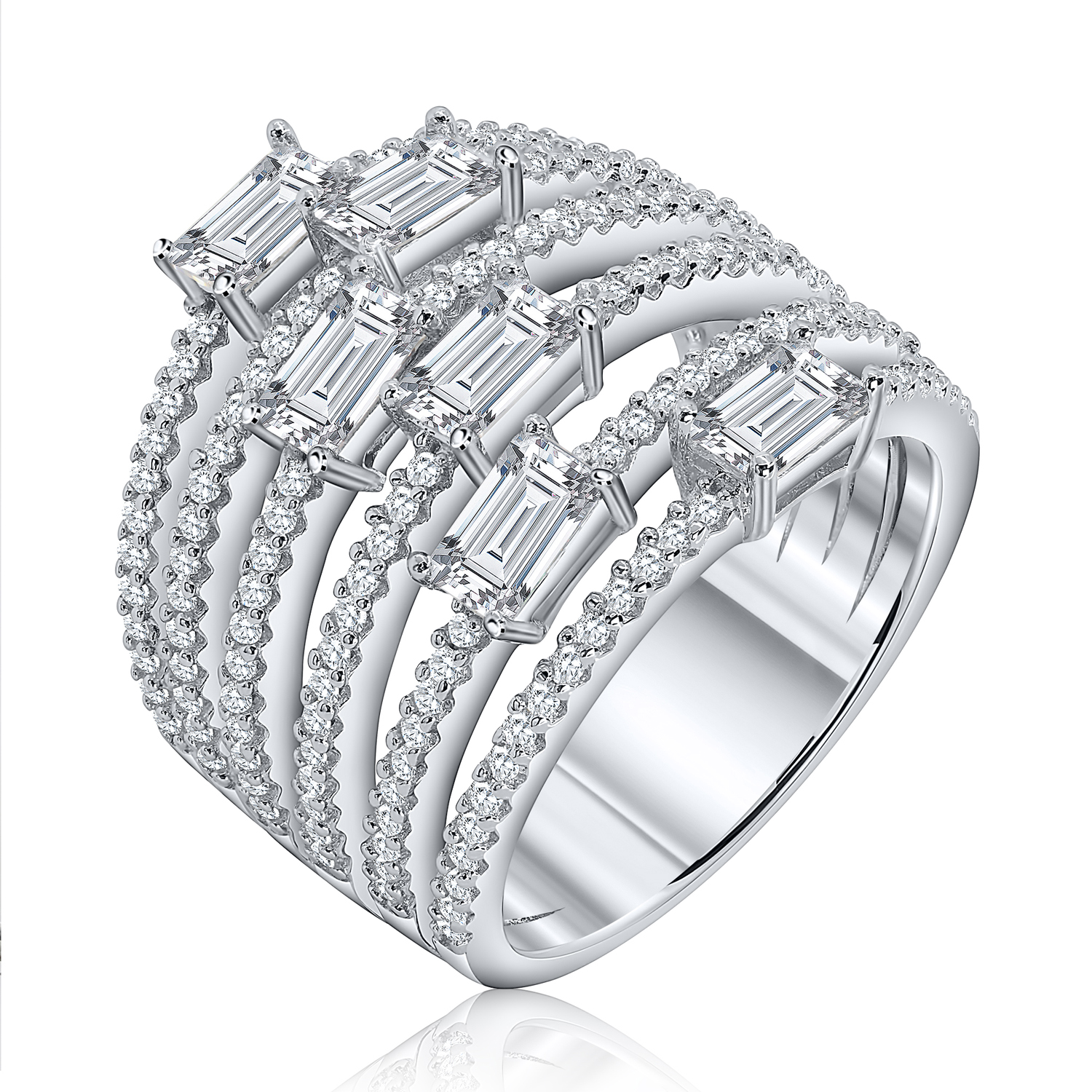 Anillo linea premium, ancho, 6 tiras de piedras, baguettes, blanco