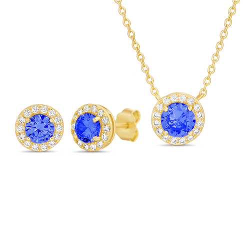 Conjunto solitario piedra azul, cadena con dije y par aros, amarillo