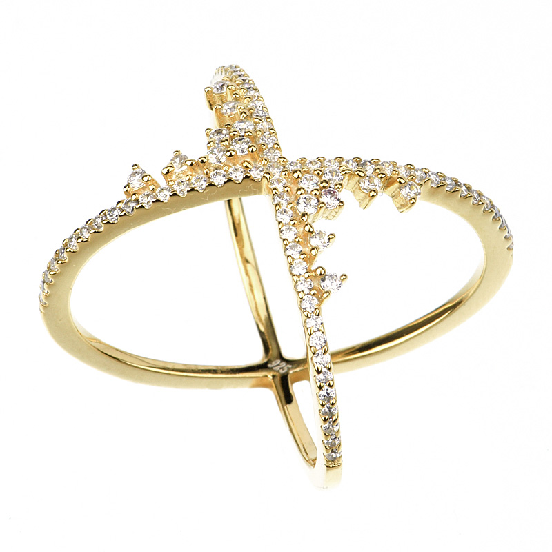 Anillo linea premium, cruzado, con piedras, amarillo
