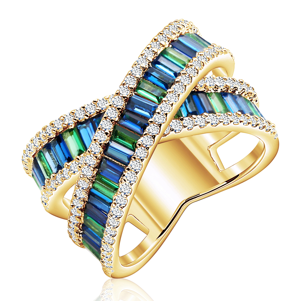 Anillo linea premium, cruzado, piedras baguettes azules y verdes, amarillo