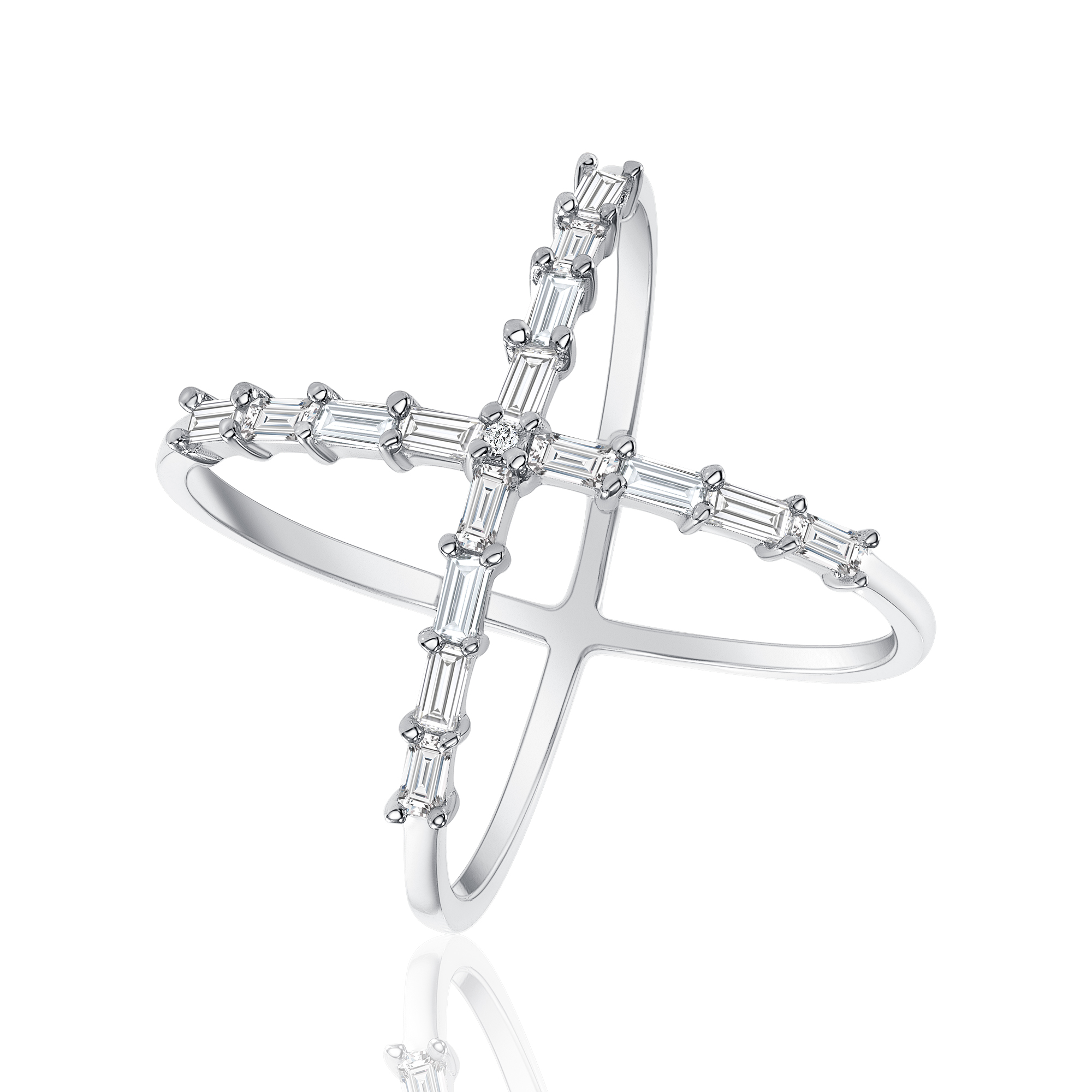 Anillo linea premium, cruzado , con piedras baguettes , blanco 