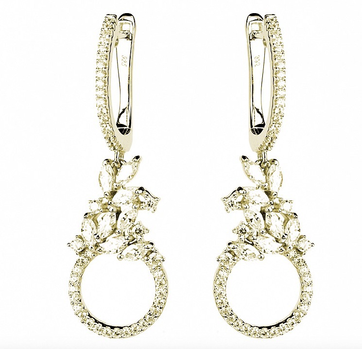 PAR AROS BLANCOS BRISURA CON CUBIC RACIMO COLGANTE CON MEDIO CIRCULO PIEDRAS