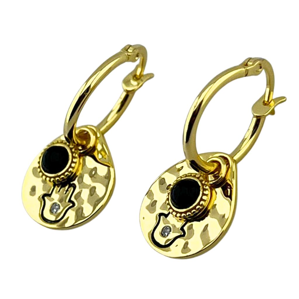 PAR AROS DORADOS ARGOLLA CON DIJE MARTELE MANITO Y ONIX