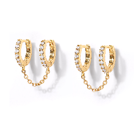 PAR AROS DORADO DOBLE ARGOLLA MEDIO SIN FIN PIEDRA BLANCA