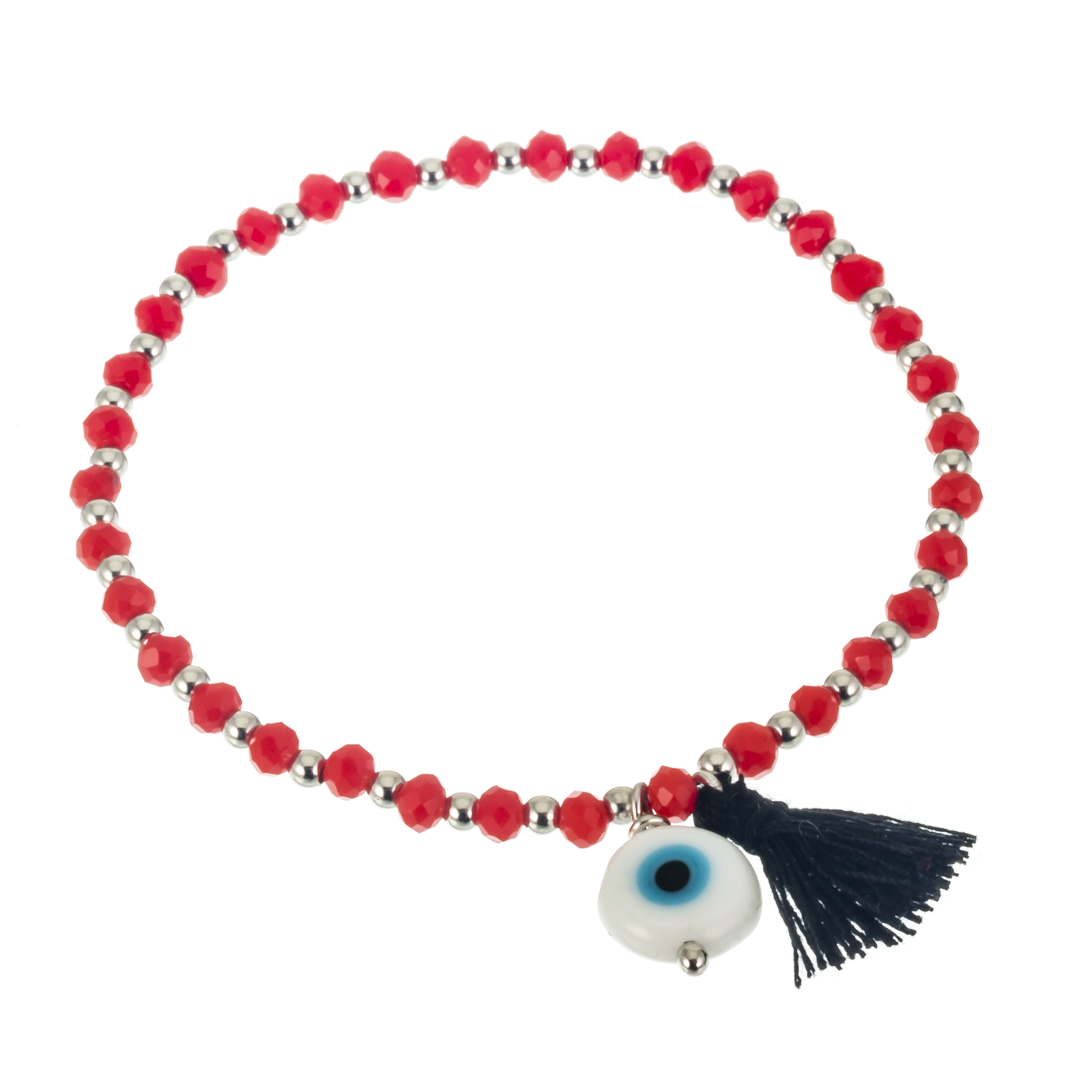 PULSERA BLANCA ELASTIZADA OJITO PIEDRA ROJA Y BOLITA