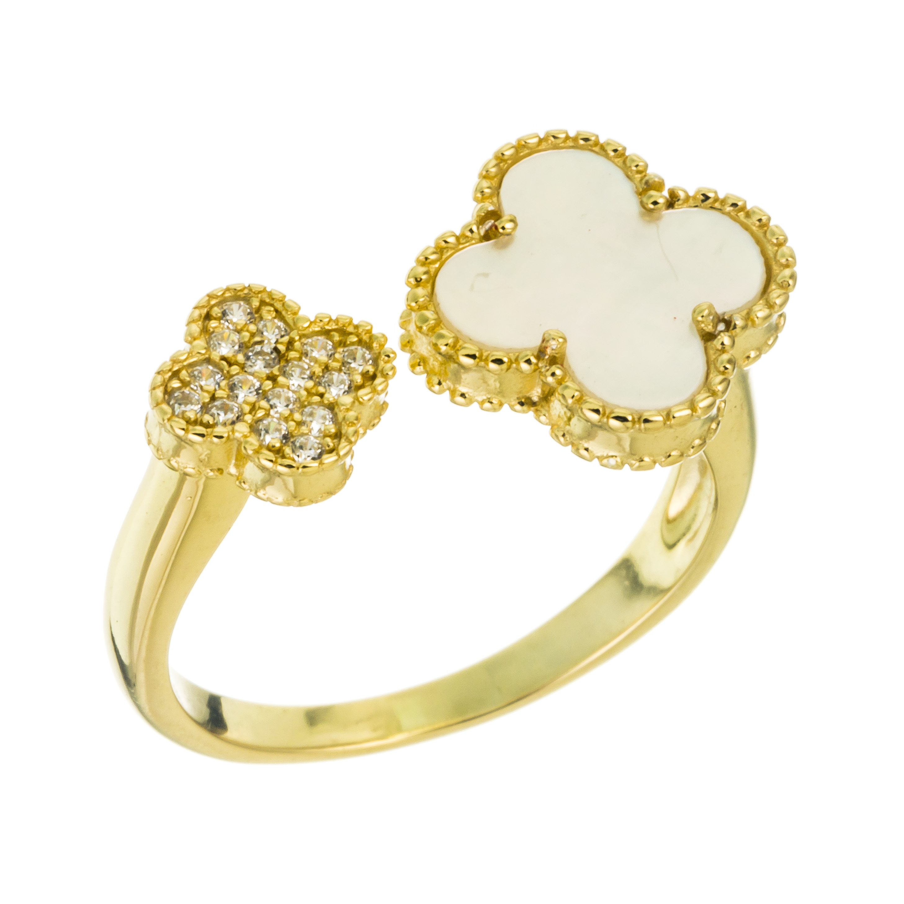 ANILLO DORADO DOBLE TREBOL MADRE PERLA PAVE