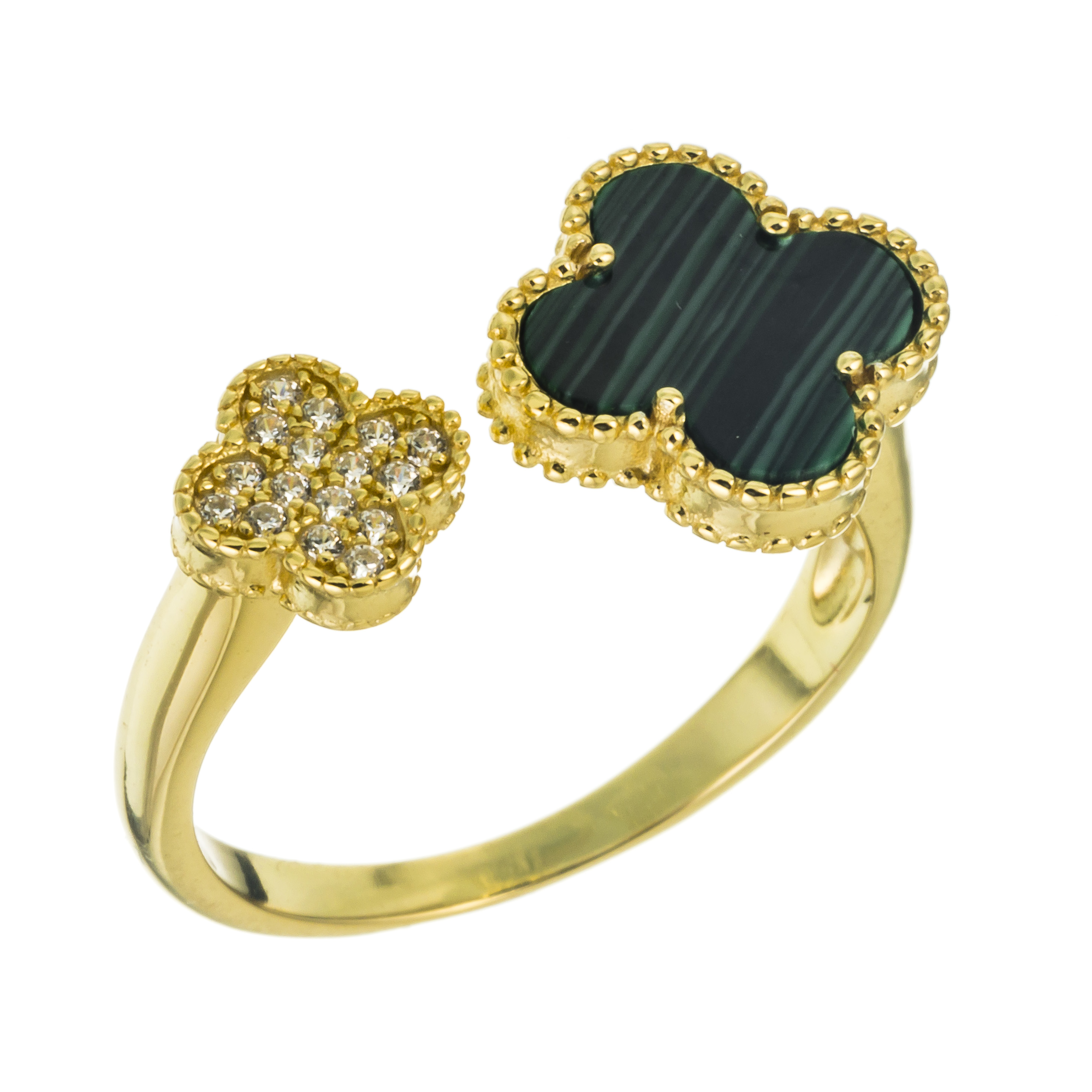 ANILLO DORADO DOBLE TREBOL MALAKITA PAVE