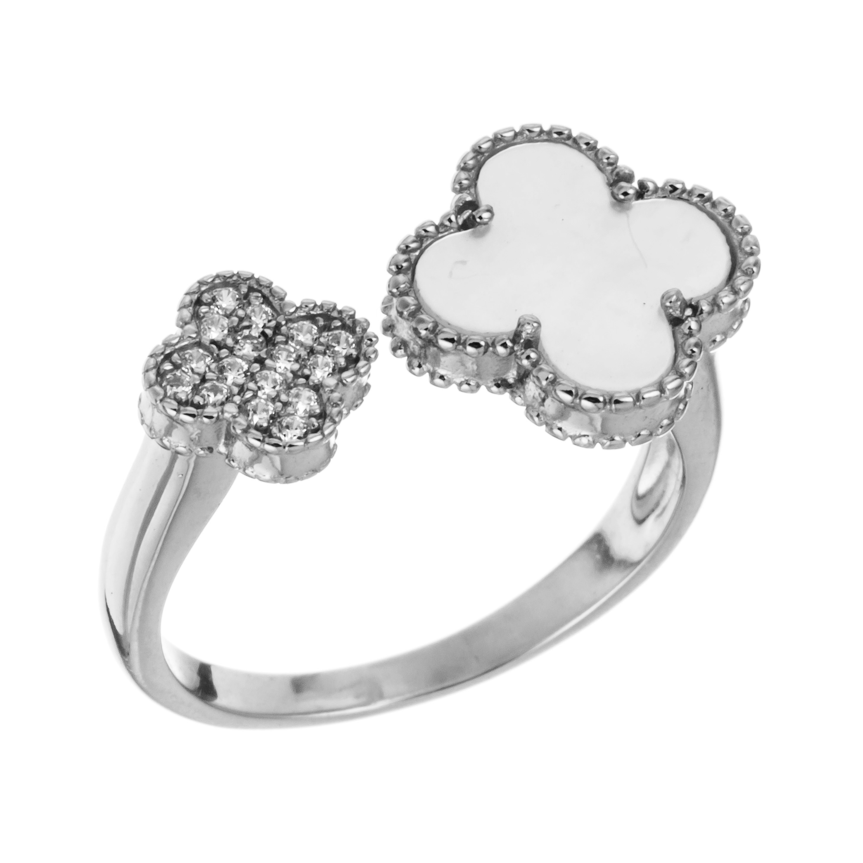 ANILLO BLANCO DOBLE TREBOL MADRE PERLA PAVE