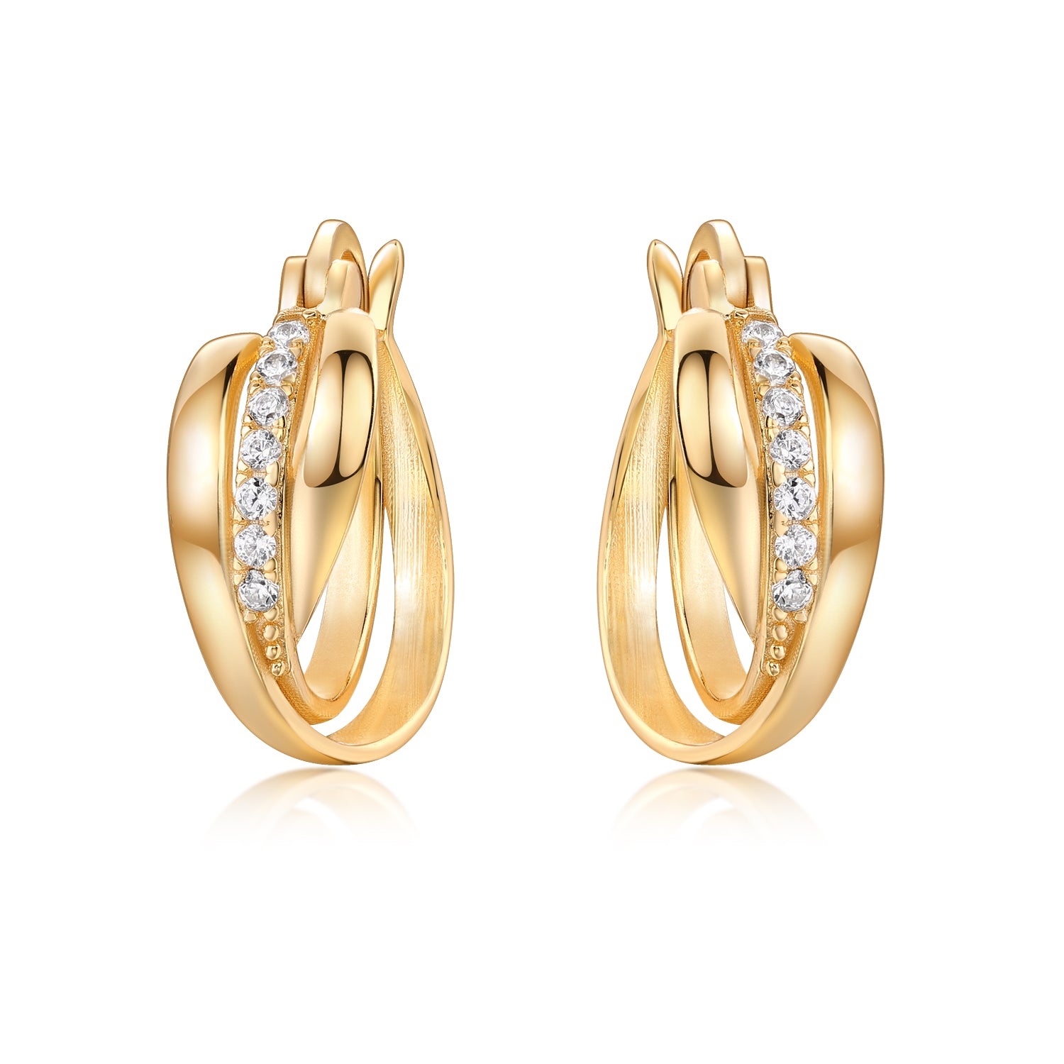PAR AROS DORADOS ARGOLLA TRIPLE CRUZADAS CON PIEDRA