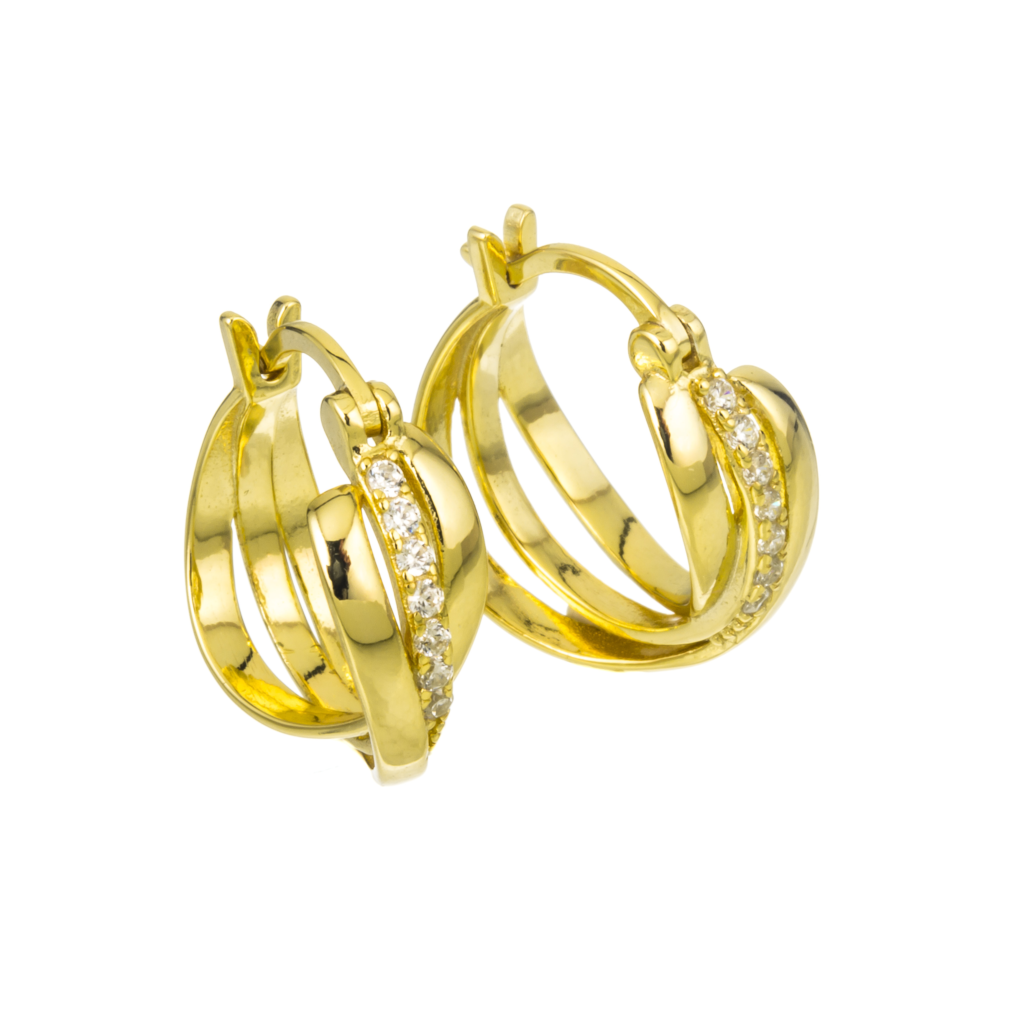 PAR AROS DORADOS ARGOLLA TRIPLE CRUZADAS CON PIEDRA