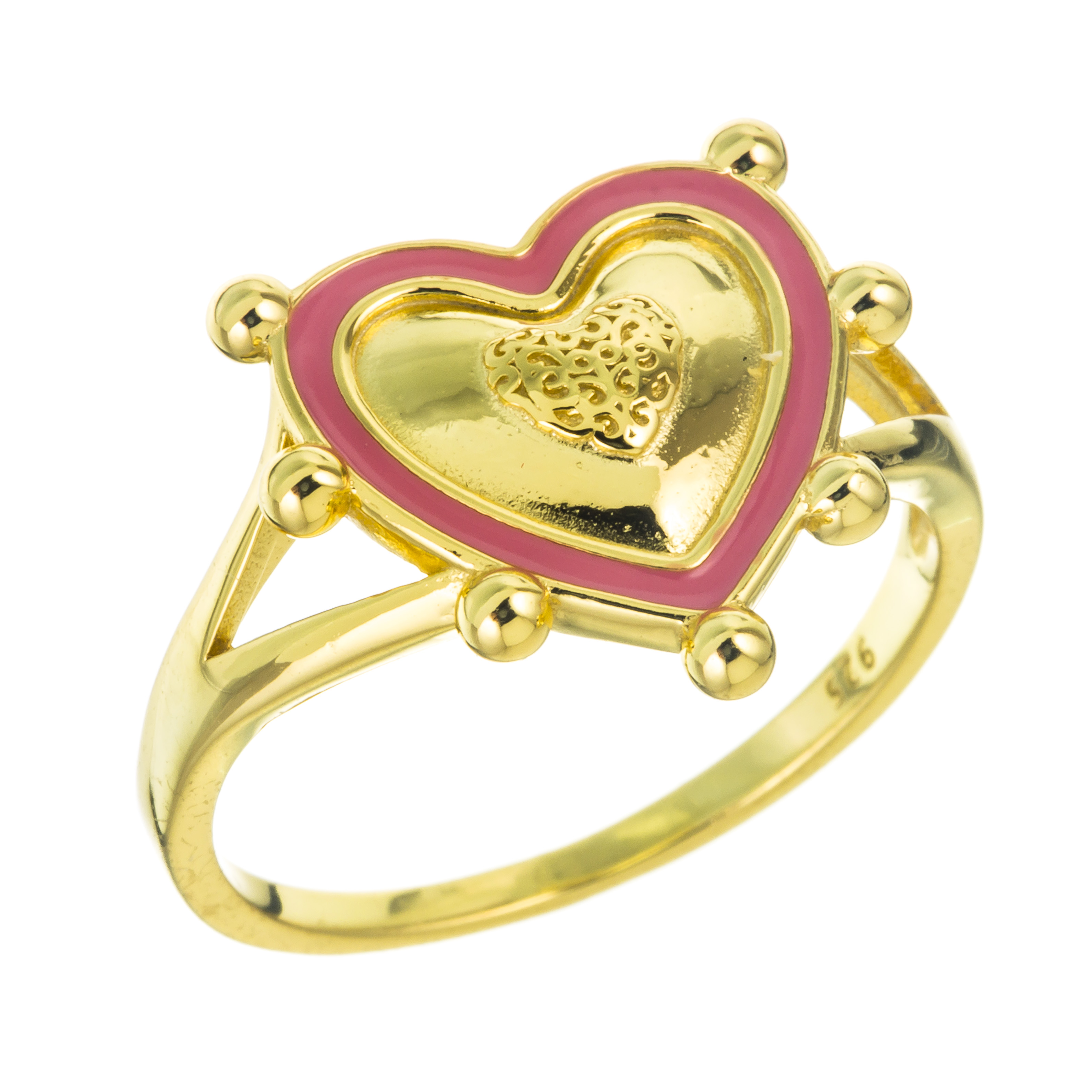 ANILLO DORADO CORAZON CONTORNO BOLITAS ESMALTE ROSA