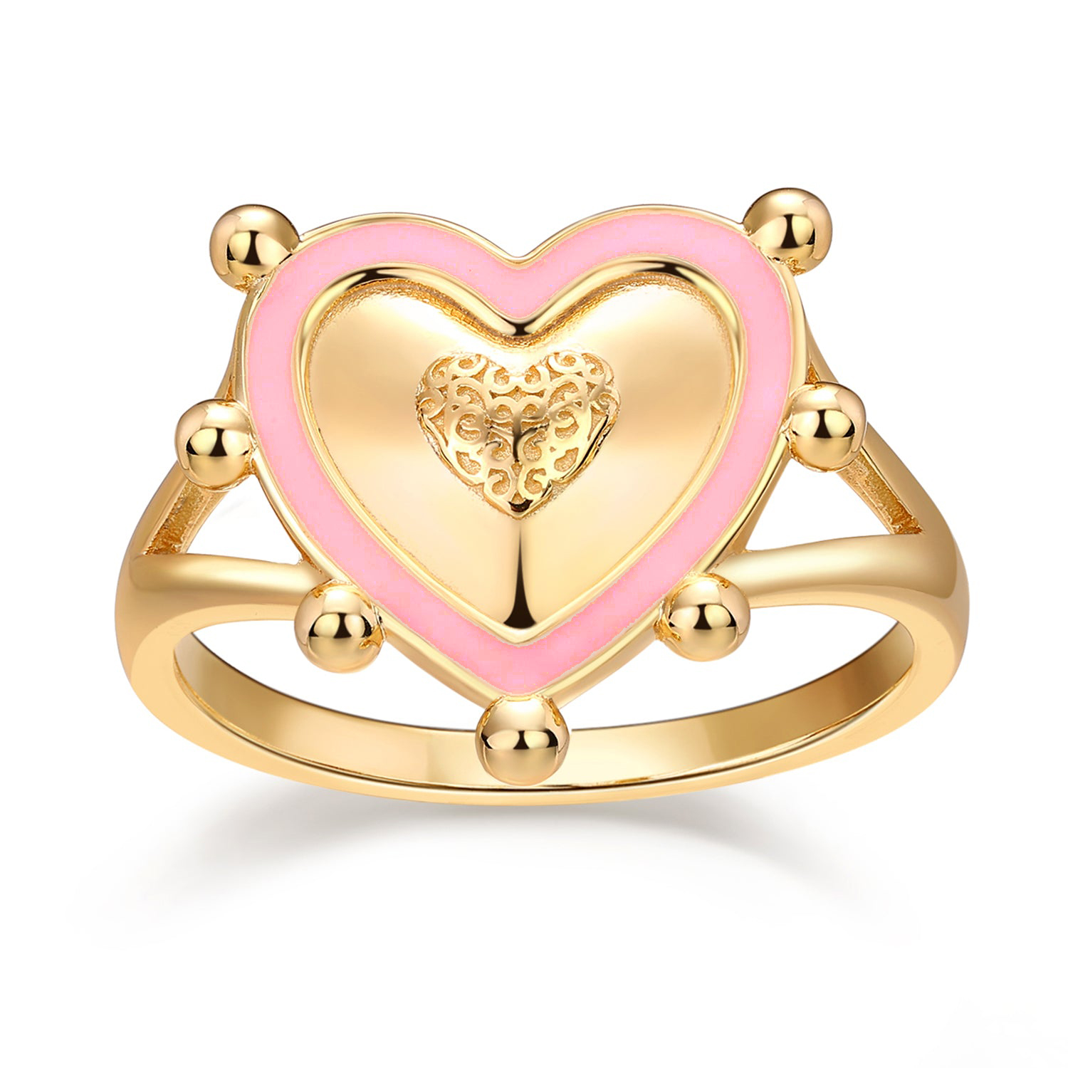 ANILLO DORADO CORAZON CONTORNO BOLITAS ESMALTE ROSA