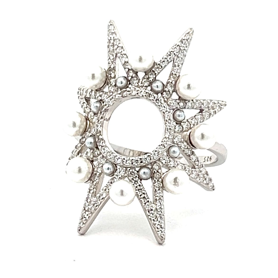 ANILLO BLANCO PUNTAS ESTRELLA PAVE CON PERLAS