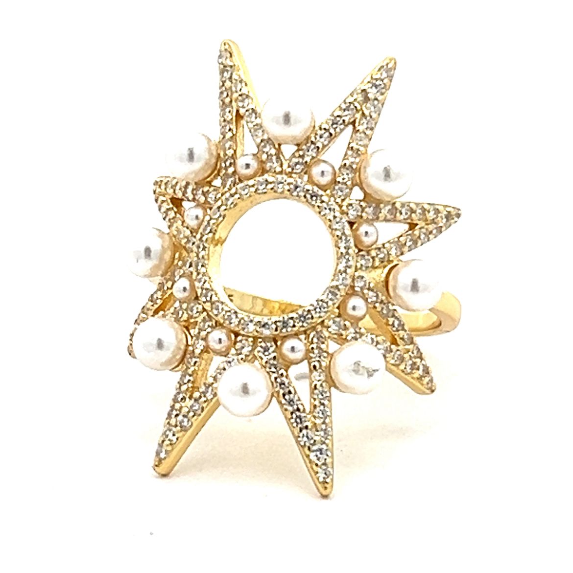 ANILLO DORADO PUNTAS ESTRELLA PAVE CON PERLAS