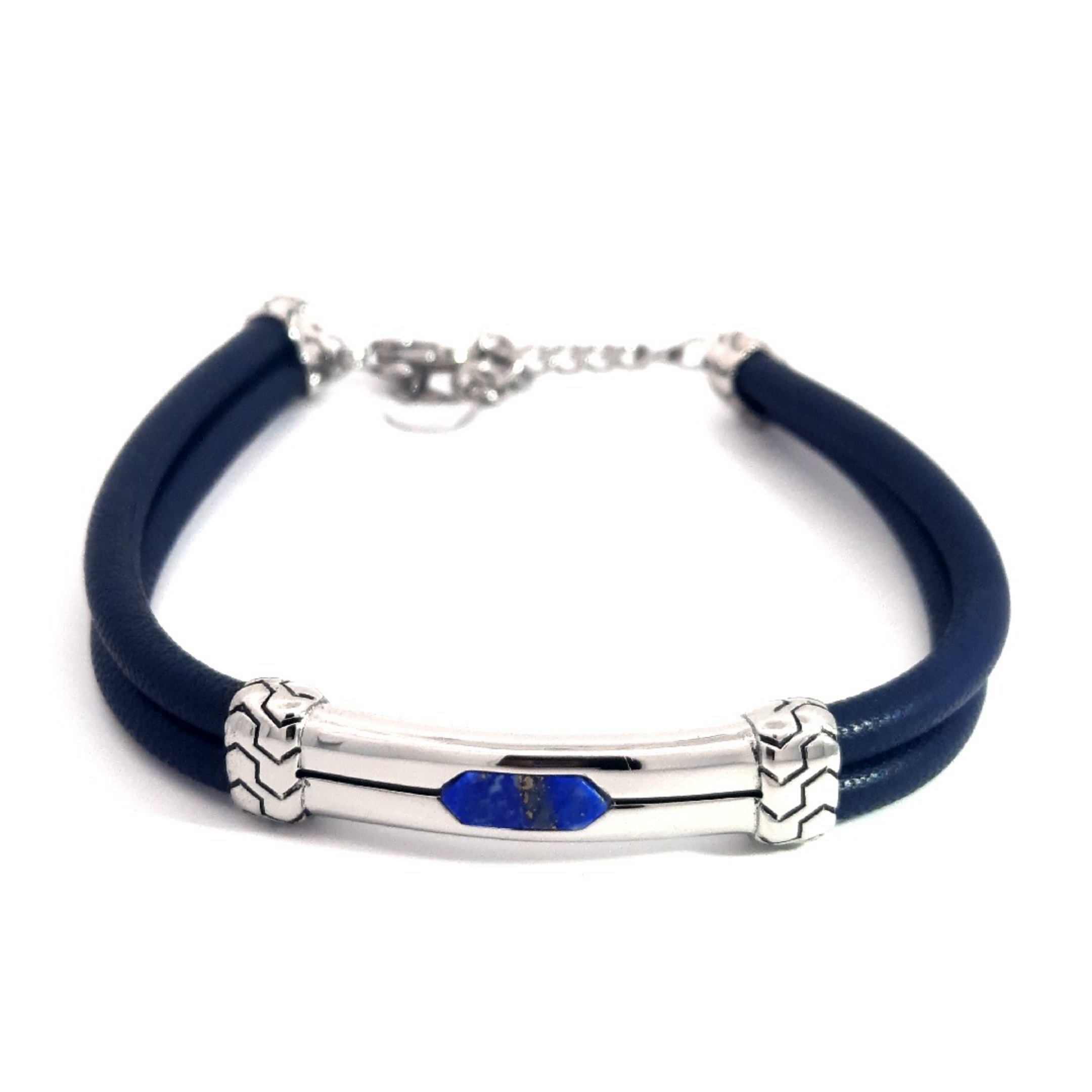 PULSERA ACERO CUERO DOBLE AZUL CHAPA PASANTE