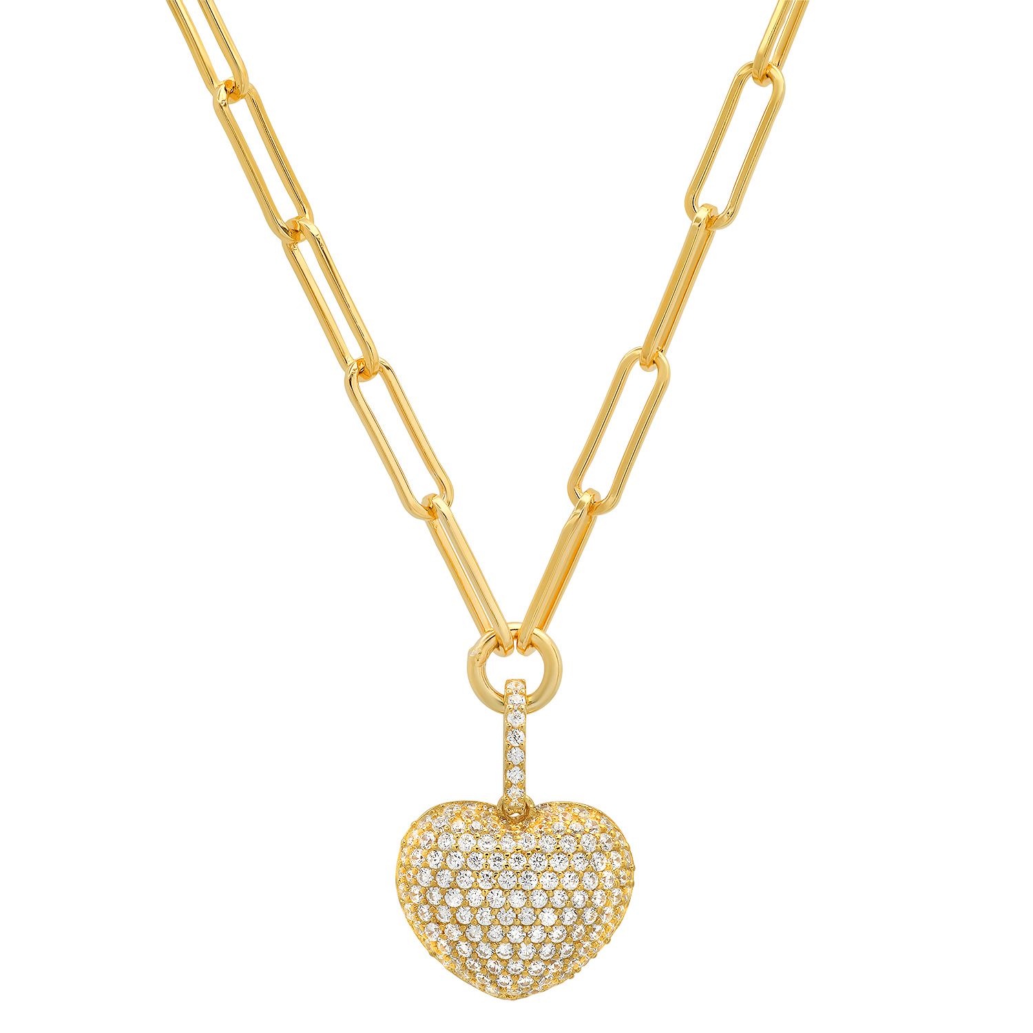 GARGANTILLA DORADA ESLABONES OVALES ALARGADOS DIJE CORAZON INFLADO PAVE  PREMIUM