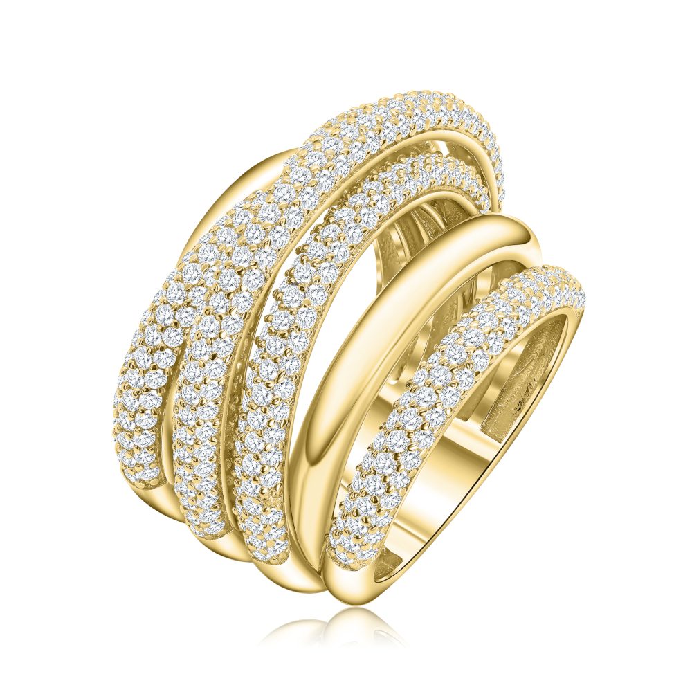 ANILLO AMARILLO PREMIUM SIETE TIRAS BOMBE PAVE, PULIDO