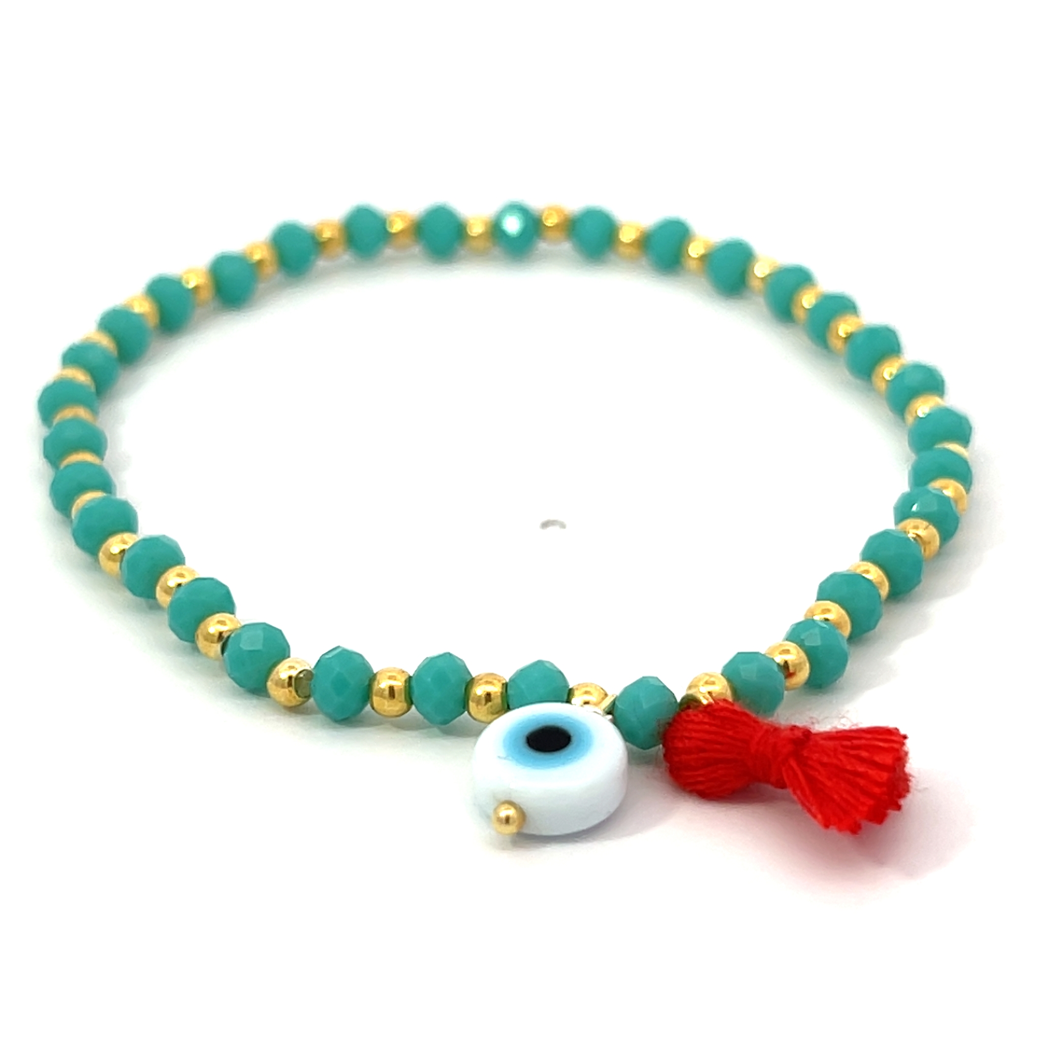 PULSERA DORADAS ELASTIZADA OJITO PIEDRA VERDE Y BOLITA