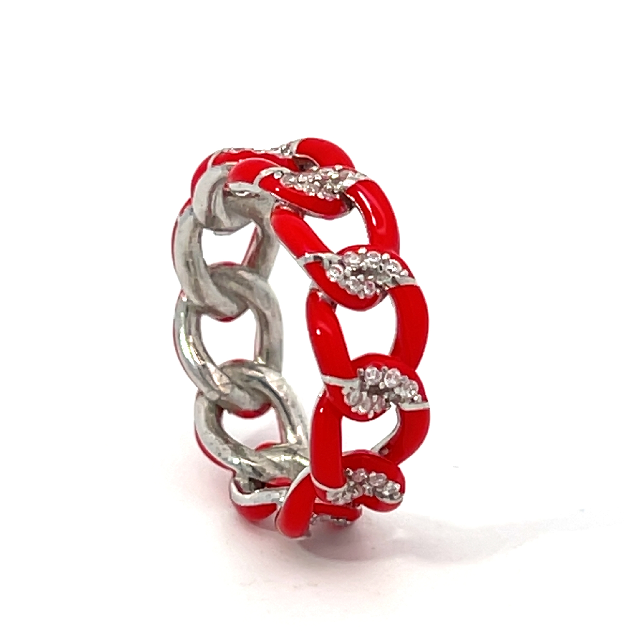 ANILLO BLANCO ESLABONADO PAVE, ESMALTE ROJO