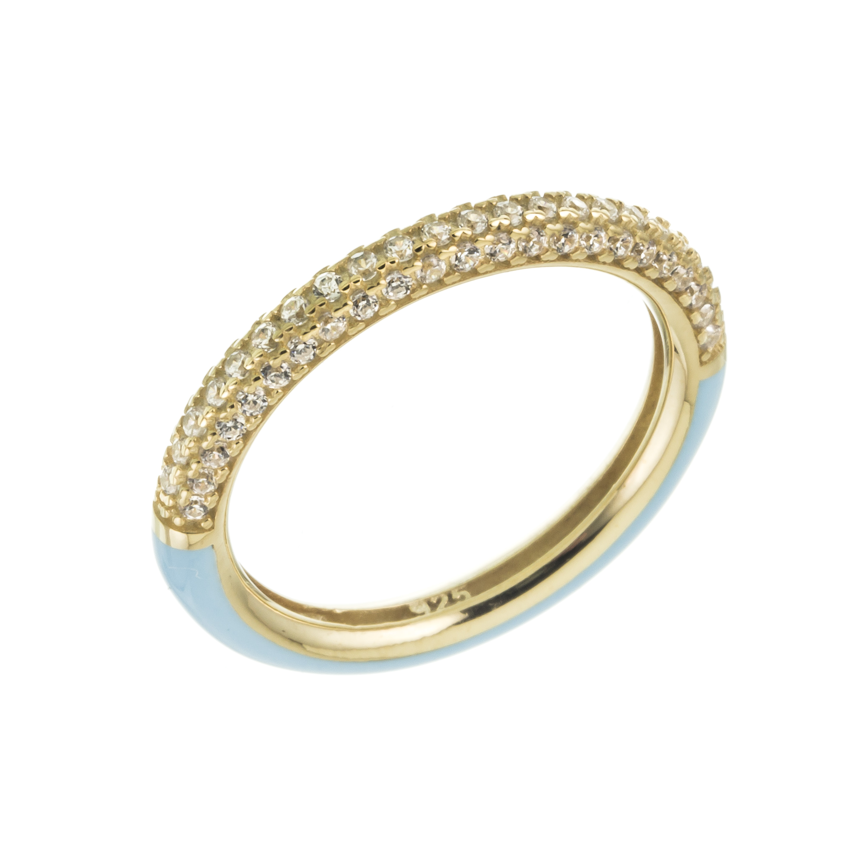 ANILLO DORADO MEDIO PAVE MITAD ESMALTE CELESTE