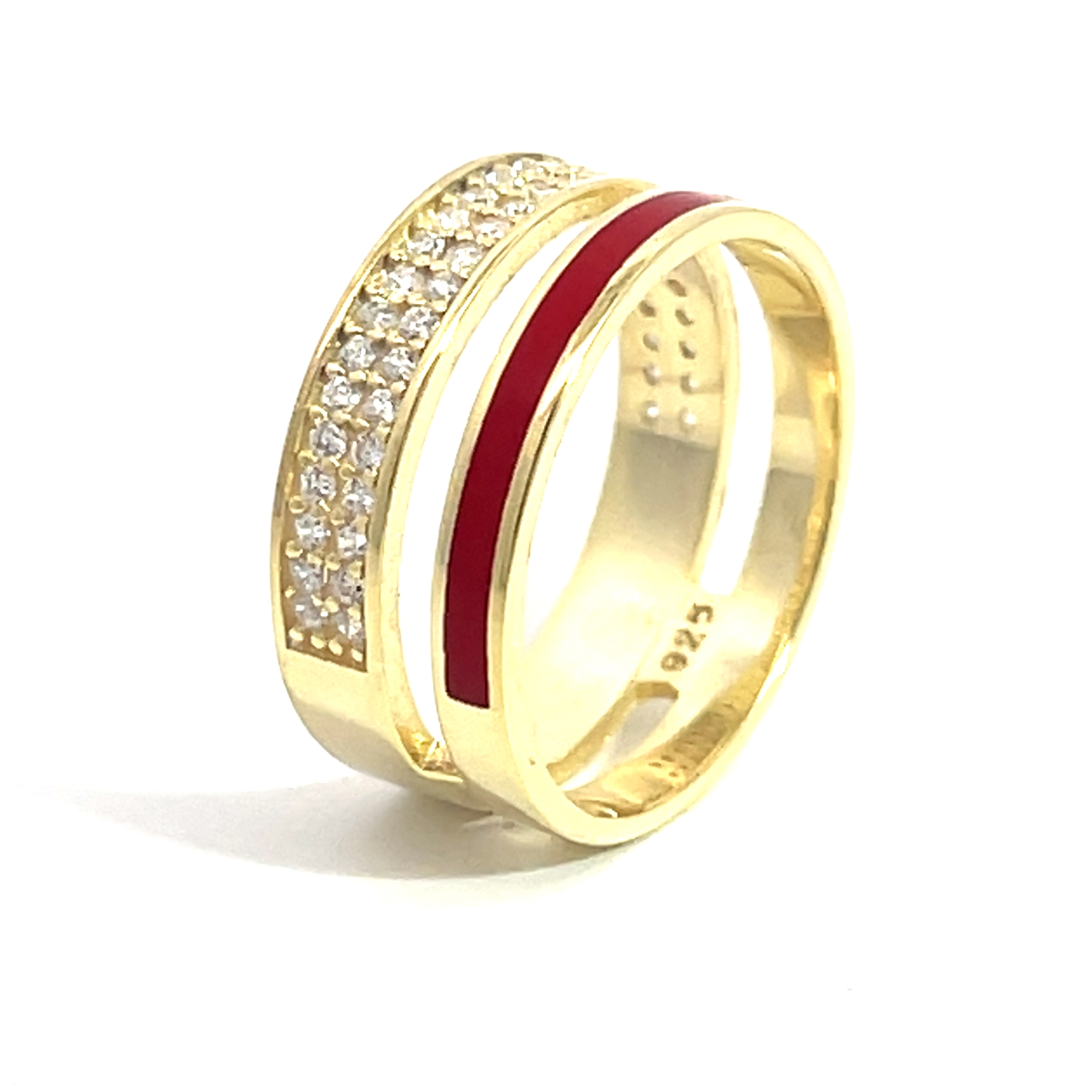 Anillo doble medio sin fin amarillo, con pavee y esmalte rojo