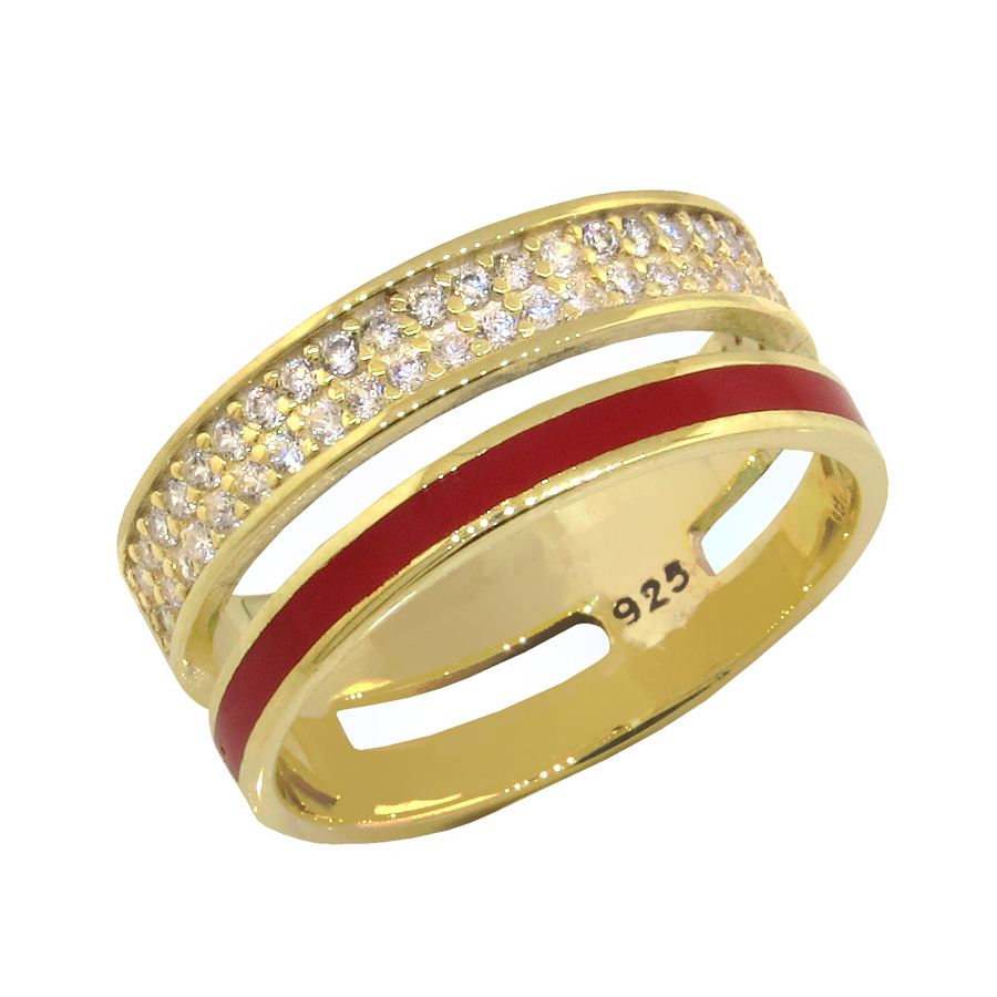 Anillo doble medio sin fin amarillo, con pavee y esmalte rojo