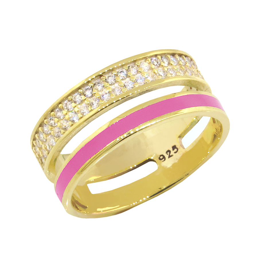 Anillo doble medio sin fin amarillo, con pavee y esmalte rosado