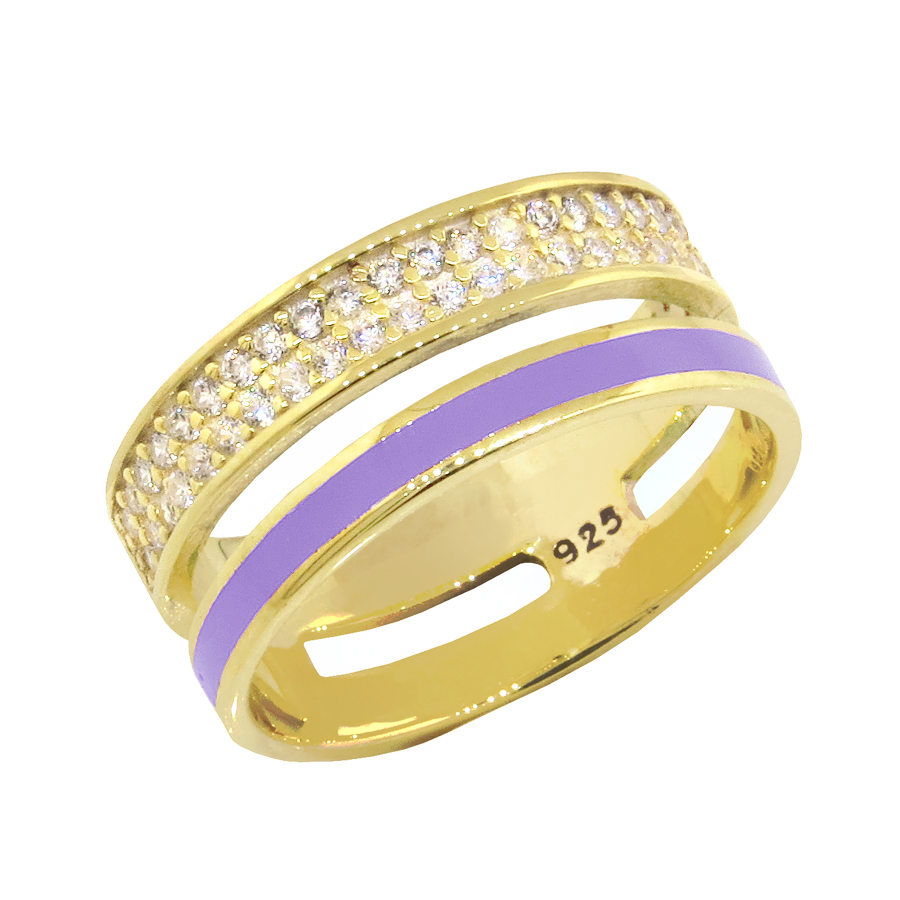 Anillo doble medio sin fin amarillo, con pavee y esmalte violeta