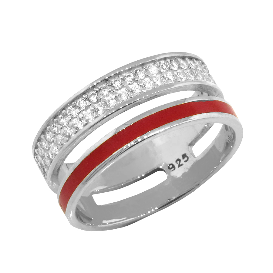 Anillo doble medio sin fin blanco, con pavee y esmalte rojo