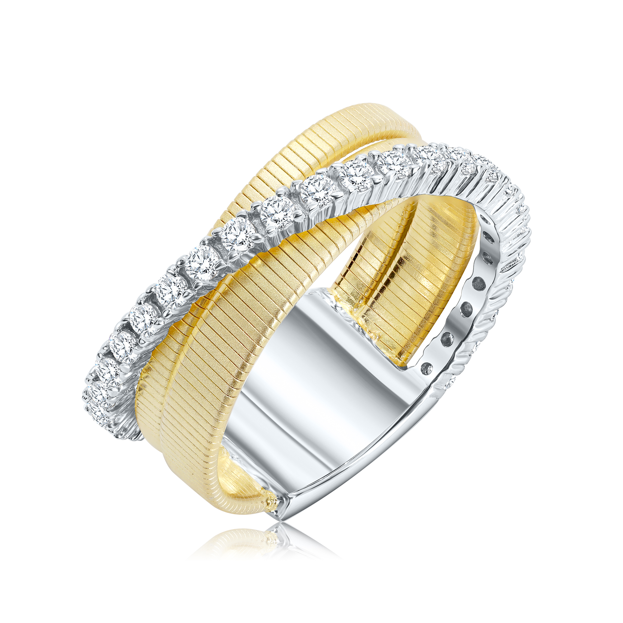 ANILLO LINEA PREMIUM, DORADO RAYADO TRIPLE MEDIO SIN FIN CRUZADO