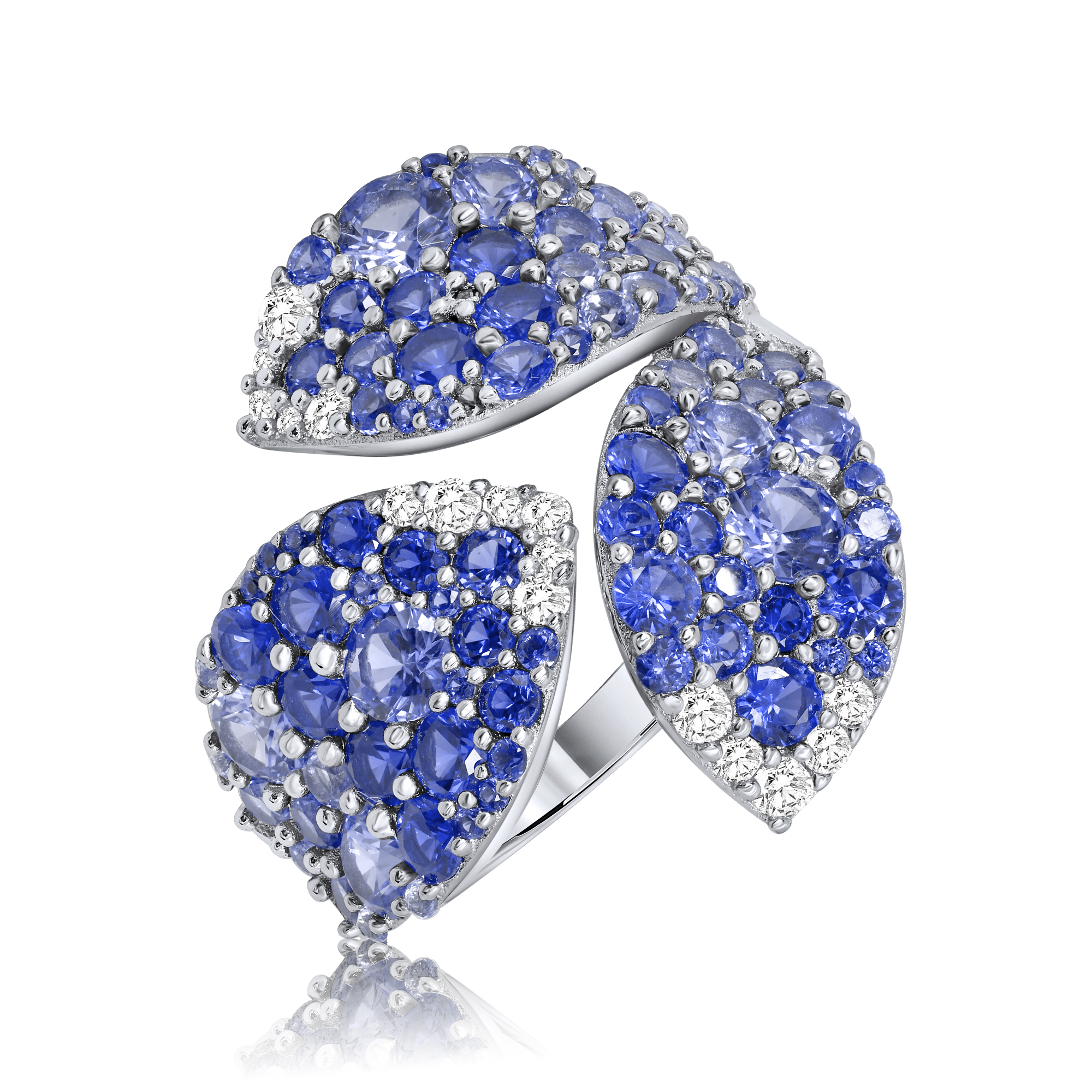 ANILLO LINEA PREMIUM, BLANCO PETALOS PIEDRAS AZULES, CELESTES, BLANCAS