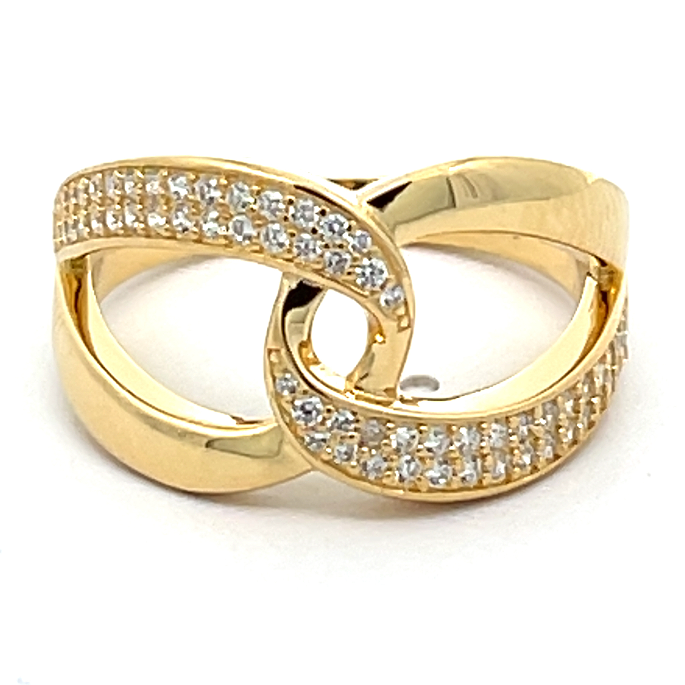 ANILLO LINEA PREMIUM, DORADO ENTRELAZADO ESLABONADO PULIDO PAVE