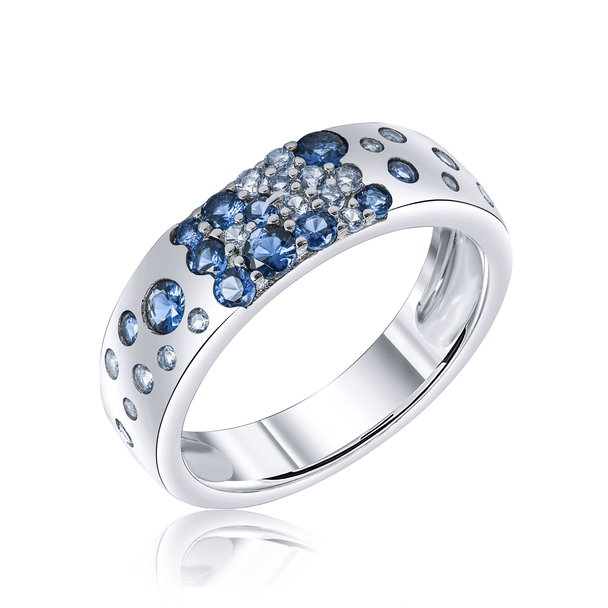 ANILLO LINEA PREMIUM, BLANCO SALPICRE PIEDRAS AZULES Y CELESTES