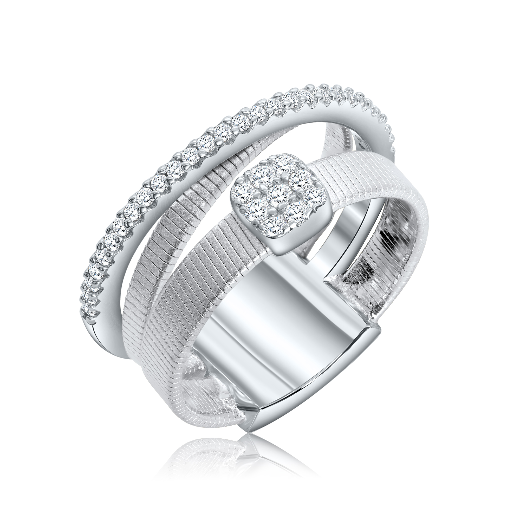 ANILLO LINEA PREMIUM, BLANCO RAYADO APLIQUE PAVE MEDIO SIN FIN CRUZADO