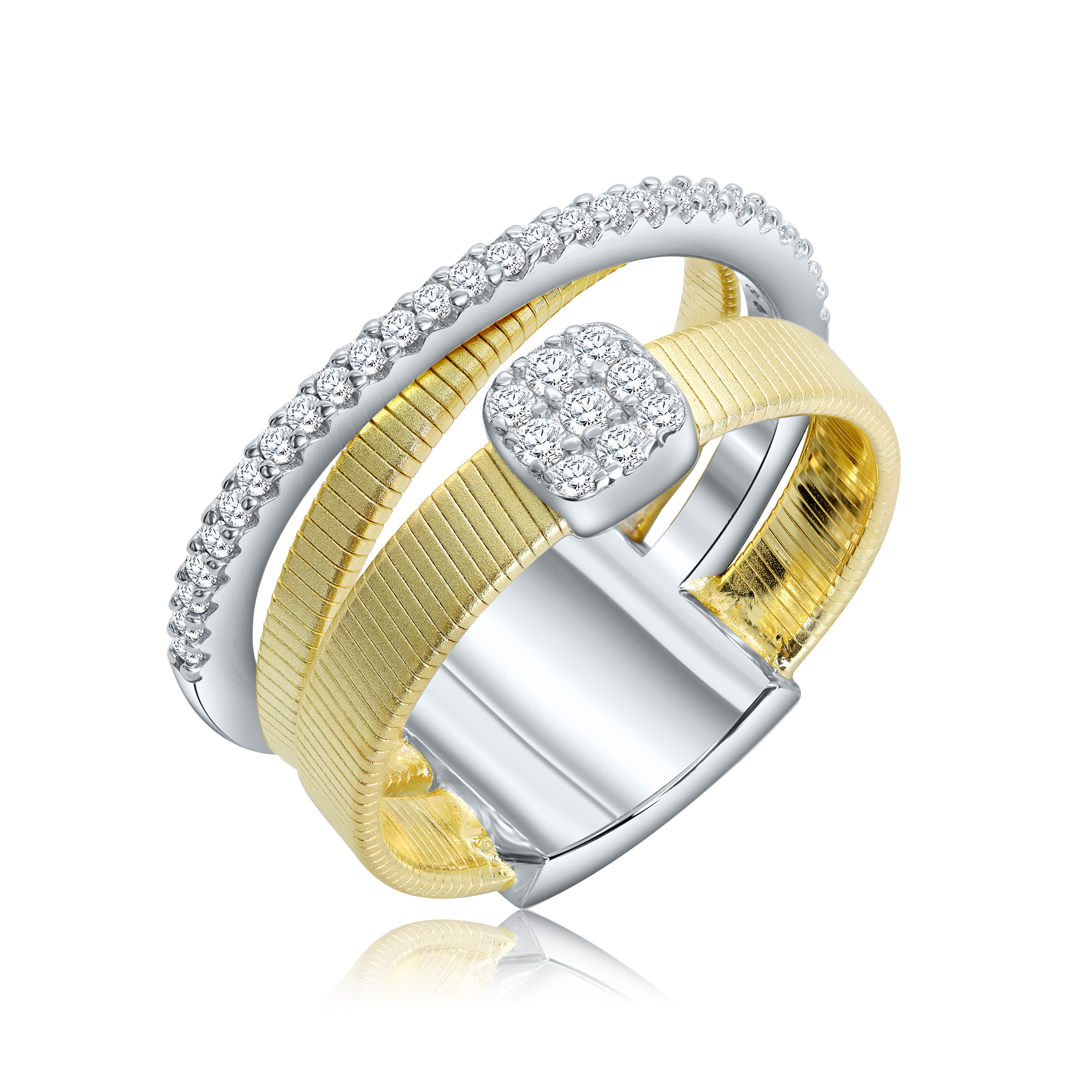 ANILLO LINEA PREMIUM,COMBINADO RAYADO APLIQUE PAVE MEDIO SIN FIN CRUZADO