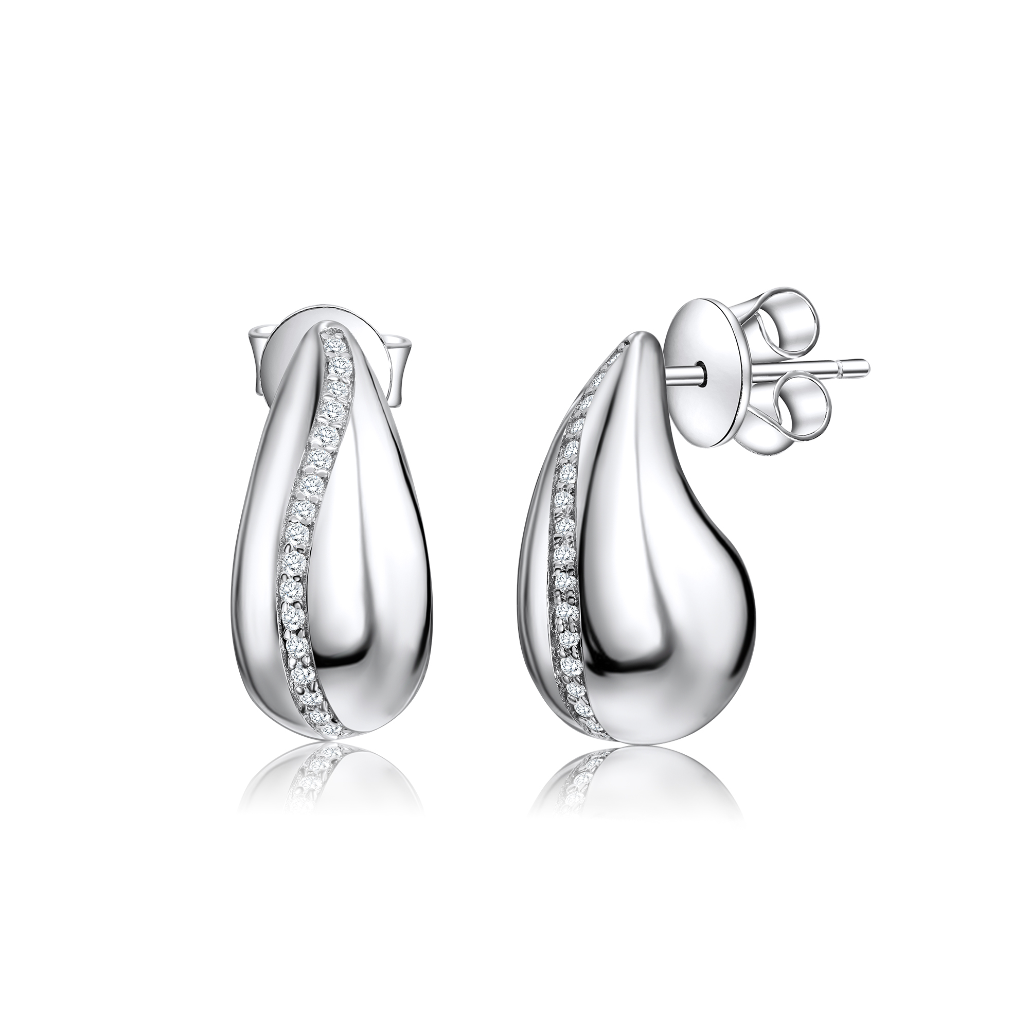 PAR AROS LINEA PREMIUM, GOTA BLANCO CON FRANJA CURVILINEA PIEDRAS