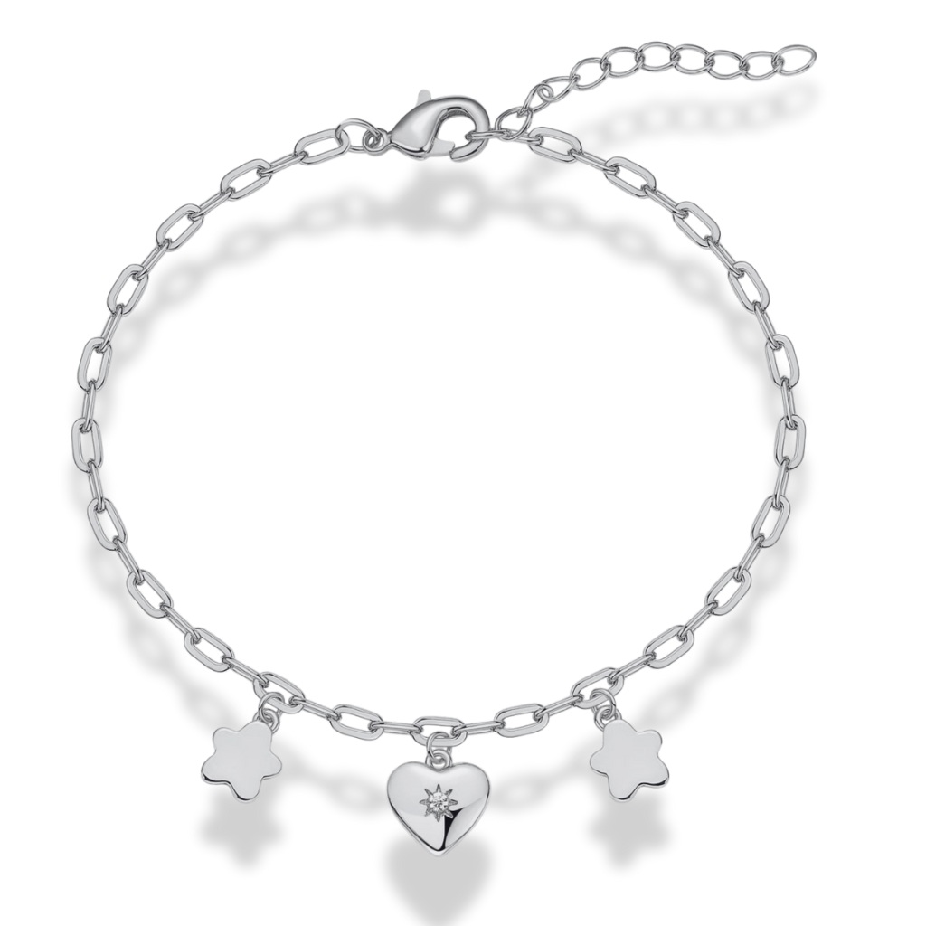 PULSERA BLANCO DOS TREBOL,  CENTRO CORAZON CON PIEDRA  17+4CM