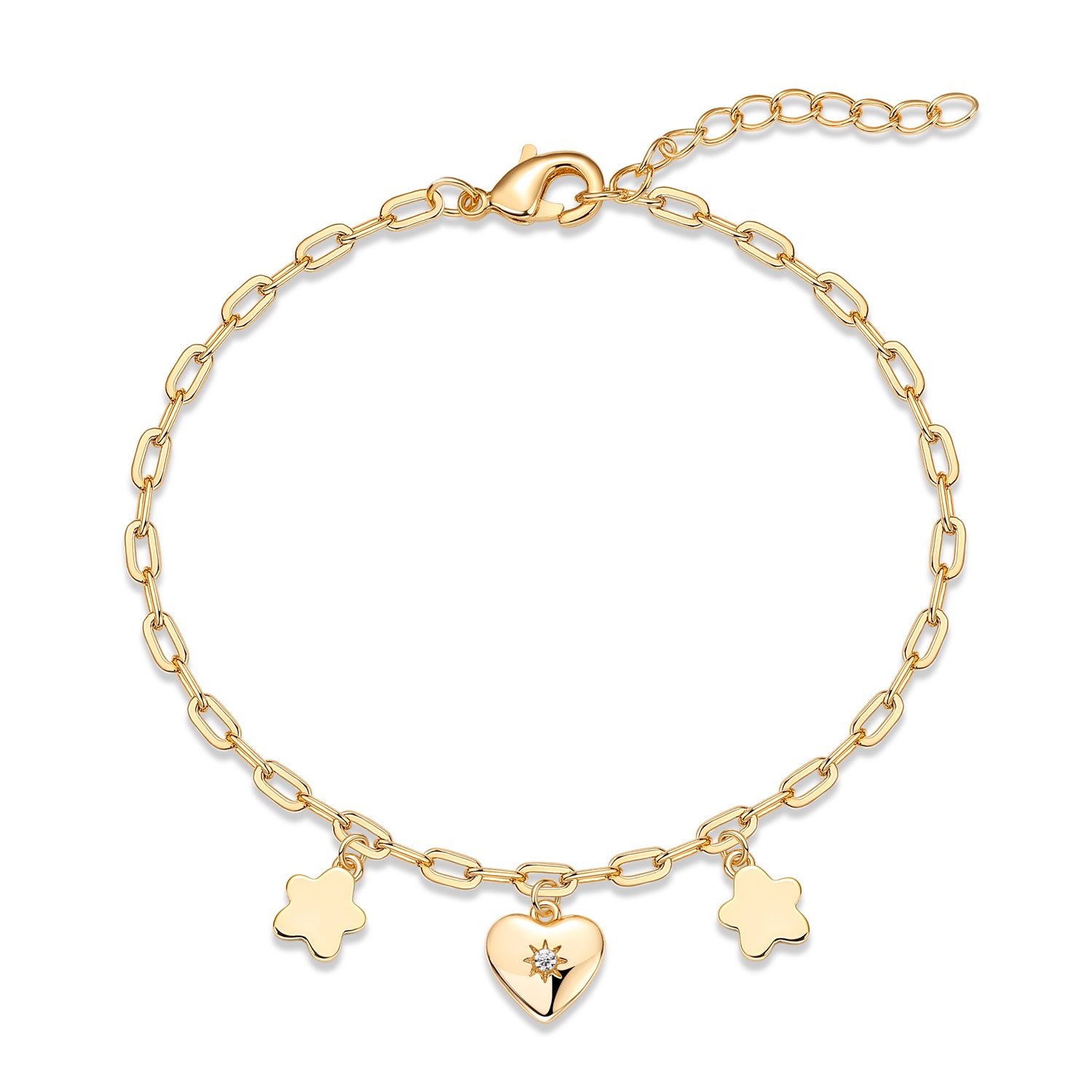 PULSERA DORADO DOS TREBOL, CENTRO CORAZON CON PIEDRA  17+4CM