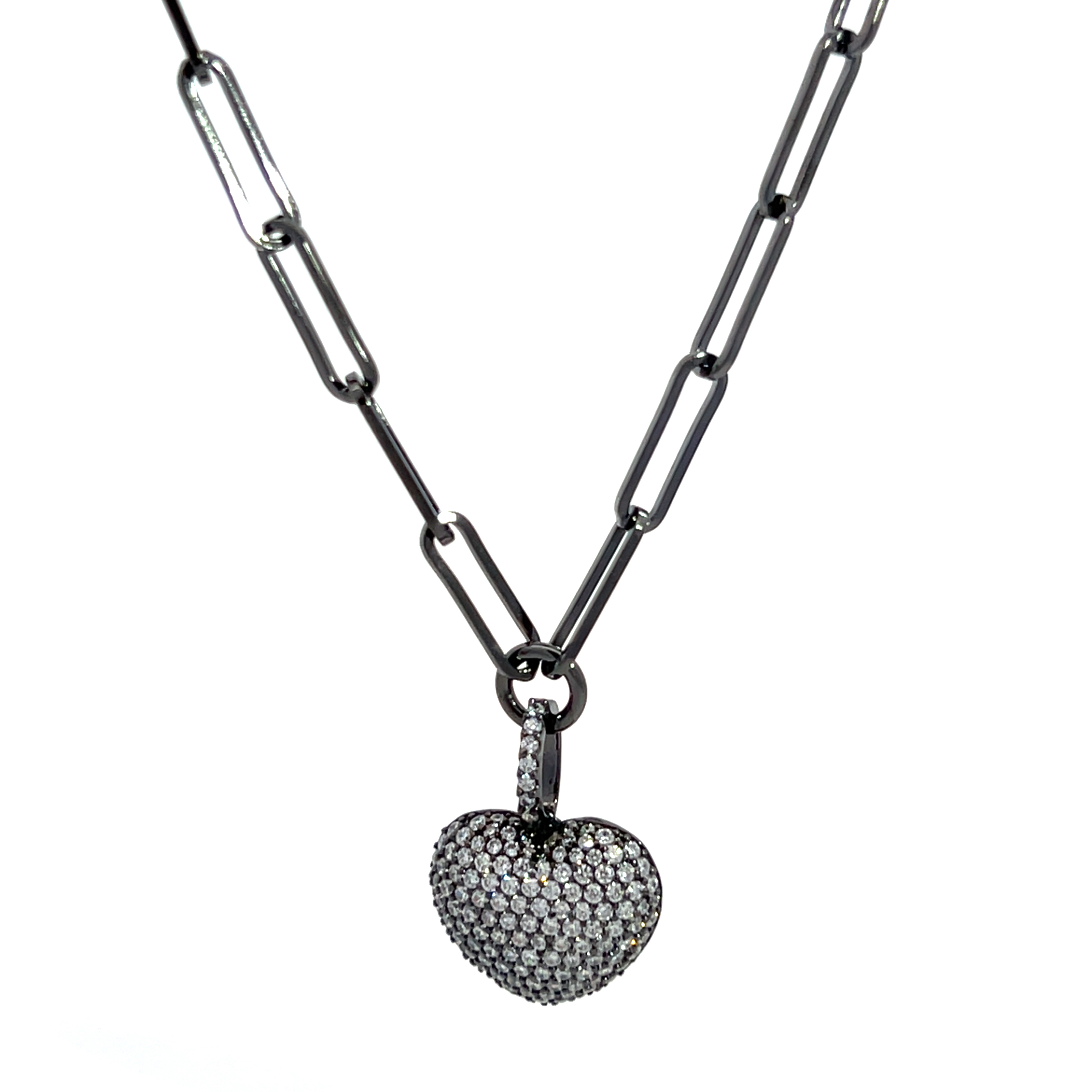 GARGANTILLA RODIO NEGRO ESLABONES OVAL ALARGADO DIJE CORAZON PAVE PREMIUM 45+5CM