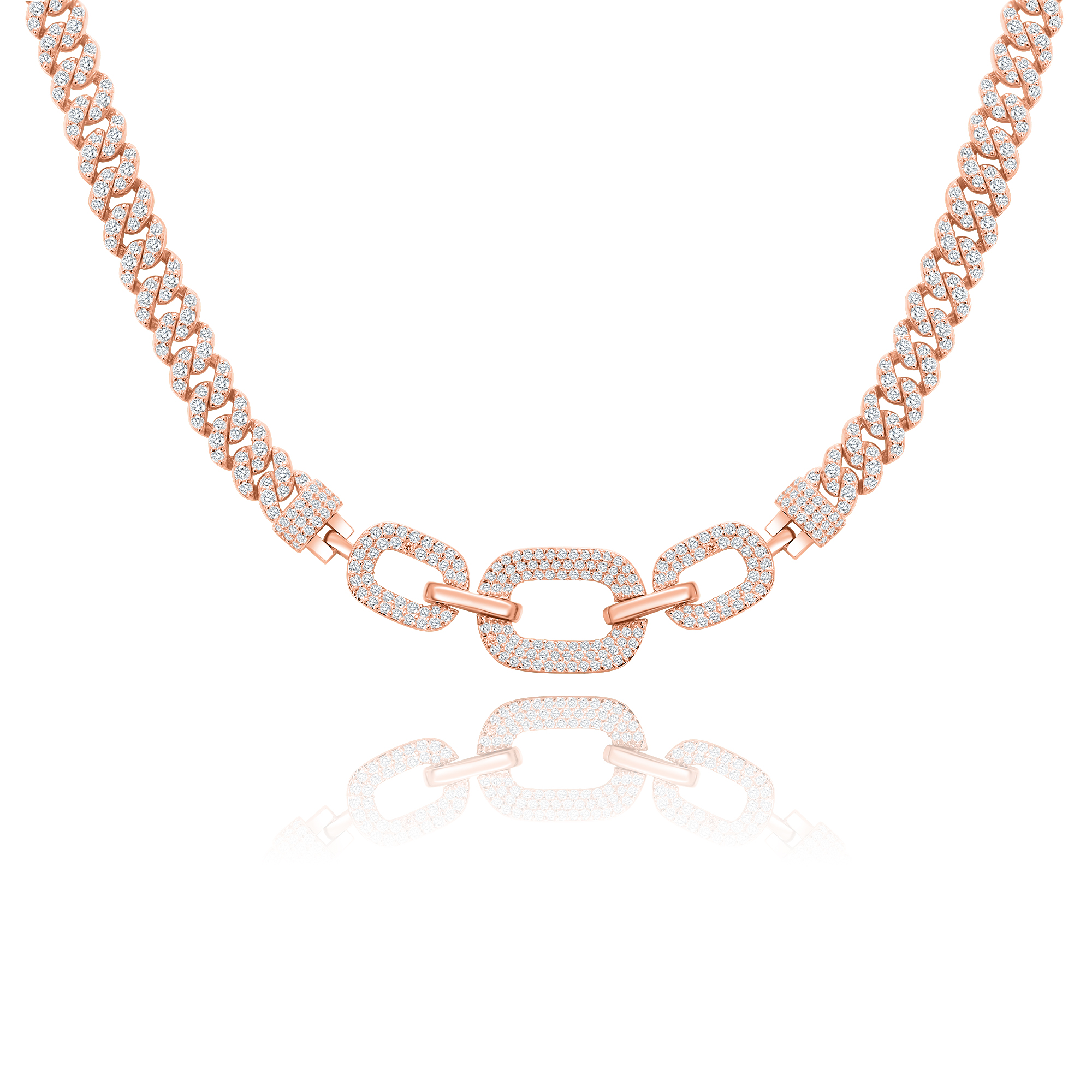 GARGANTILLA ROSADO GRUMET PAVE CON ESLABONES OVAL ENGANCHADOS PREMIUM 40 CM.