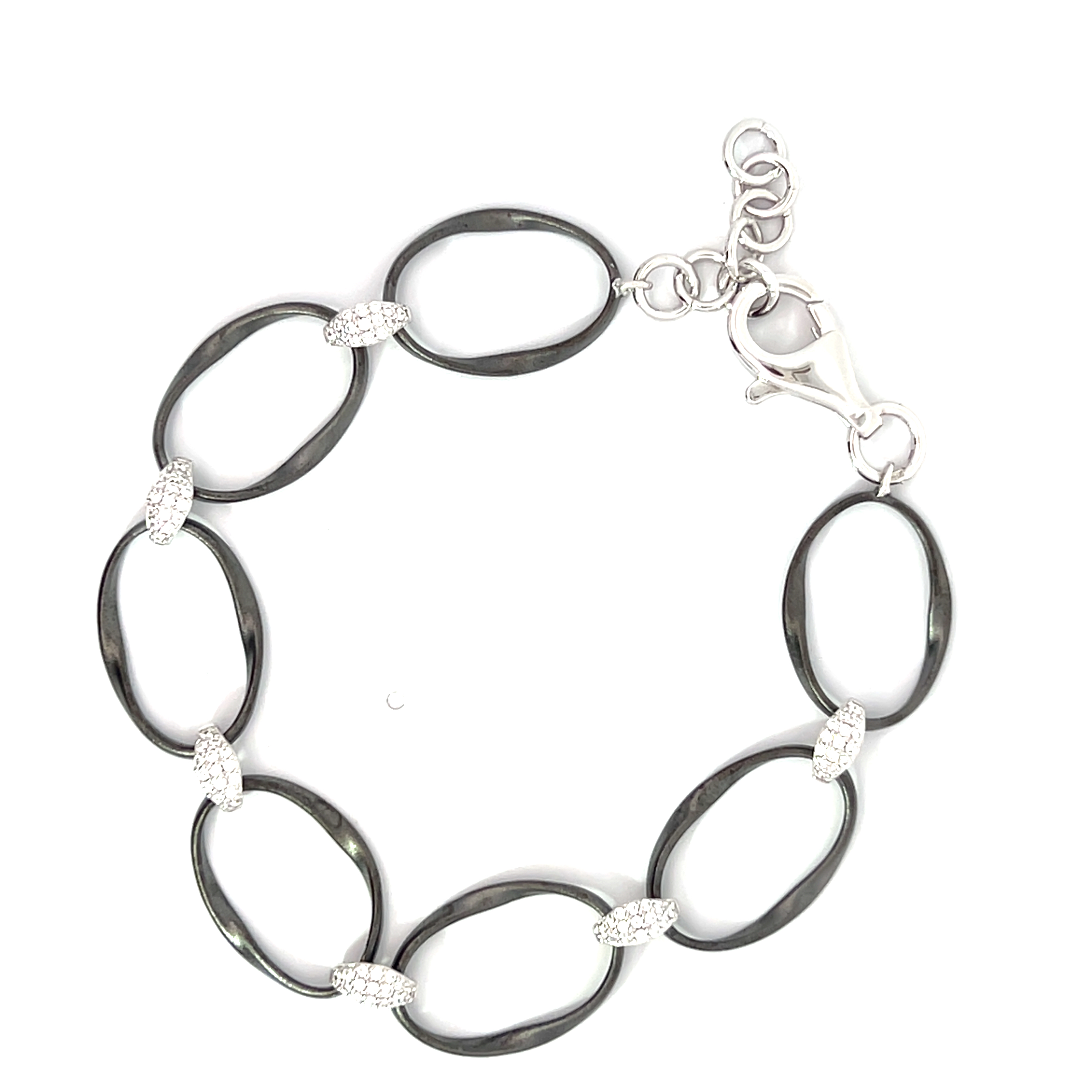 PULSERA RODIO NEGRO ESLABON OVALADO TORZADOS TRABAS PAVE BLANCAS 17CM+2 ALARGUE