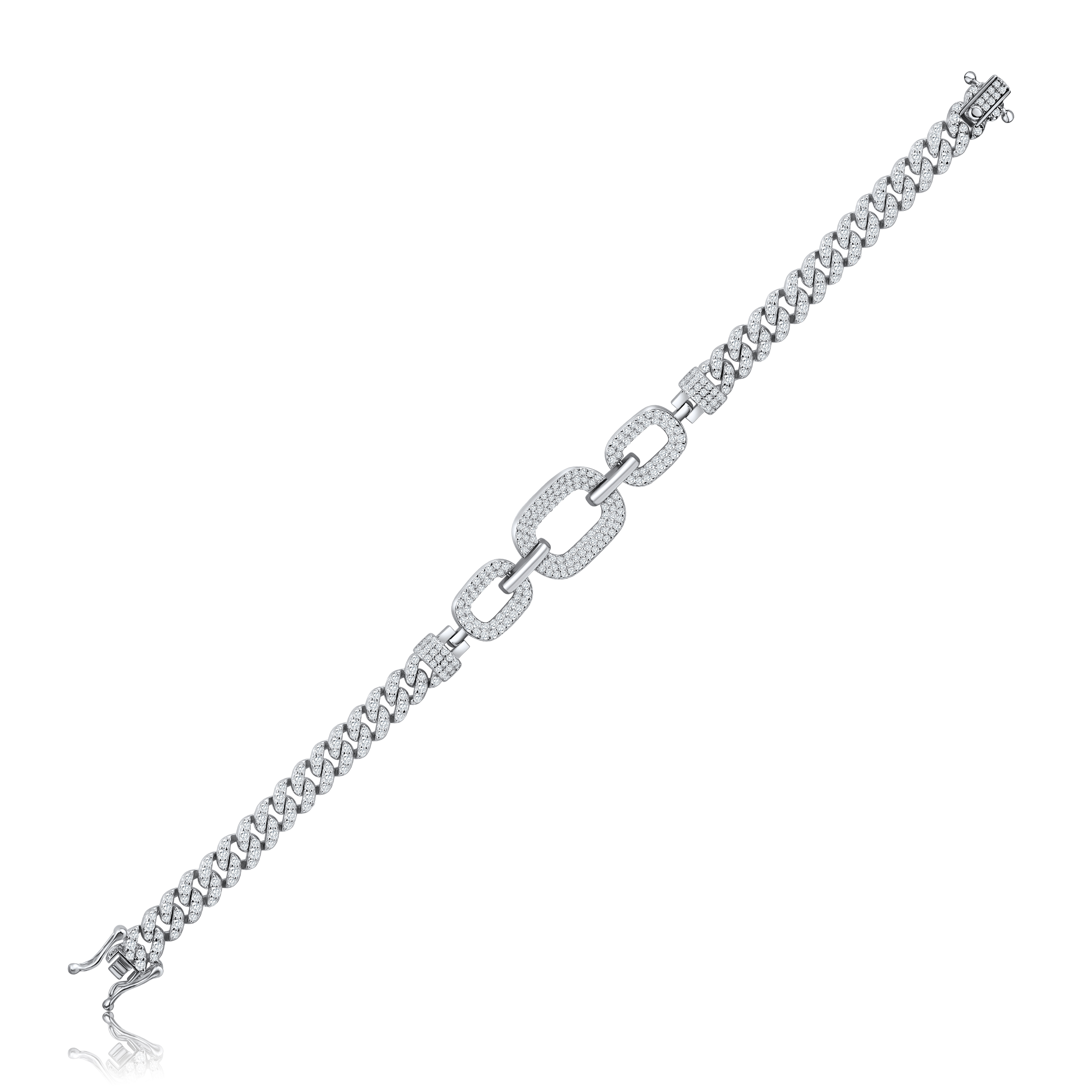 PULSERA BLANCA GRUMET PAVE CON ESLABONES OVAL ENGANCHADOS PREMIUM 18 CM.